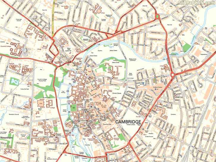 City centre detailed street travel guide with must see places sights landmarks to visit Cambridge top tourist attractions map