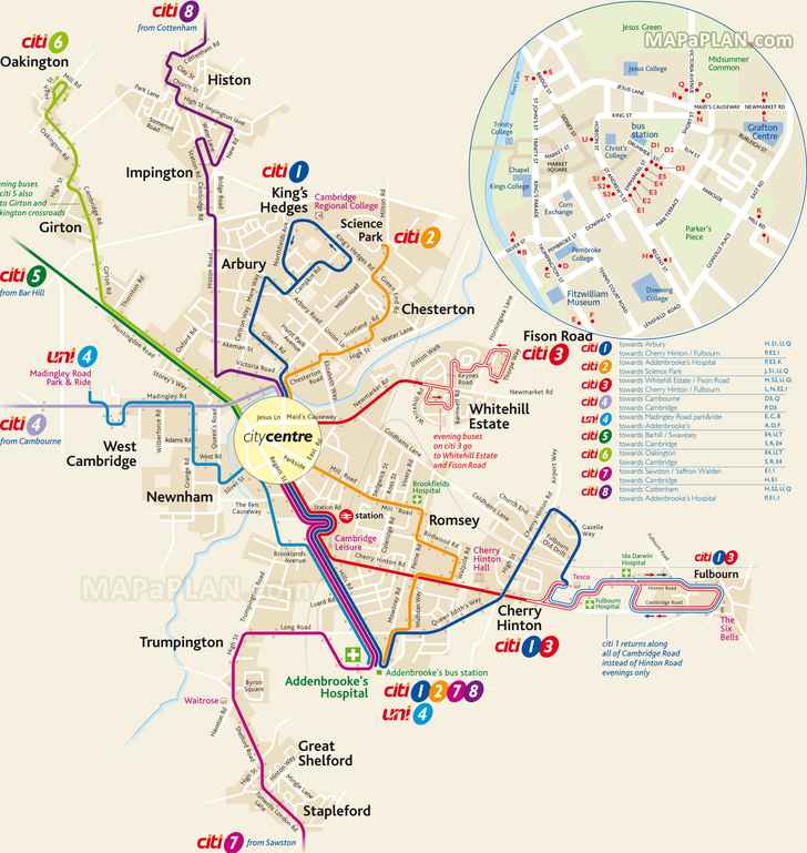 Official Stagecoach public transport network transit system bus stops rail line train station Cambridge top tourist attractions map