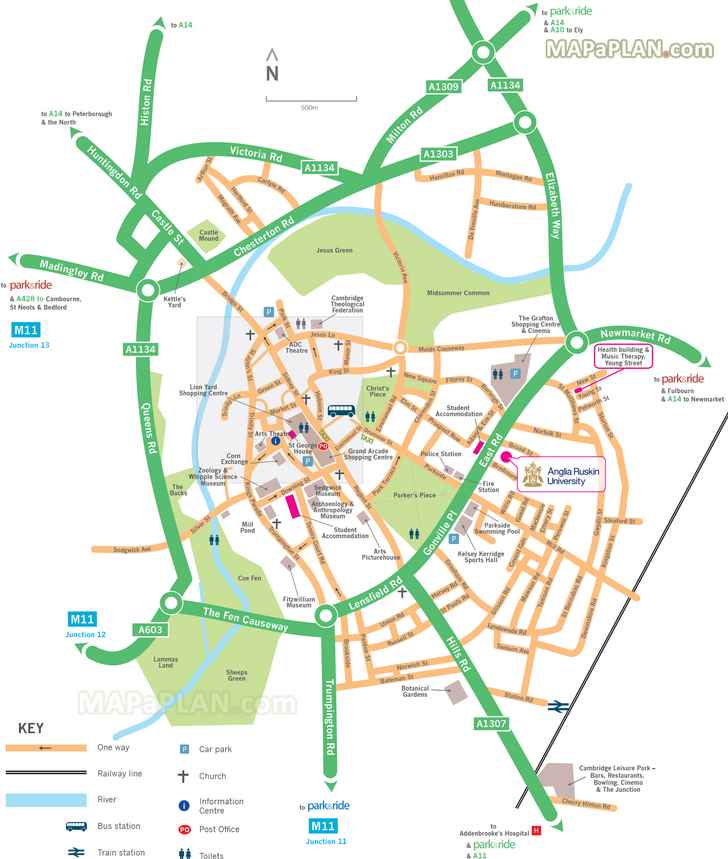 Map showing directions to Park and Ride car park locations Cambridge top tourist attractions map