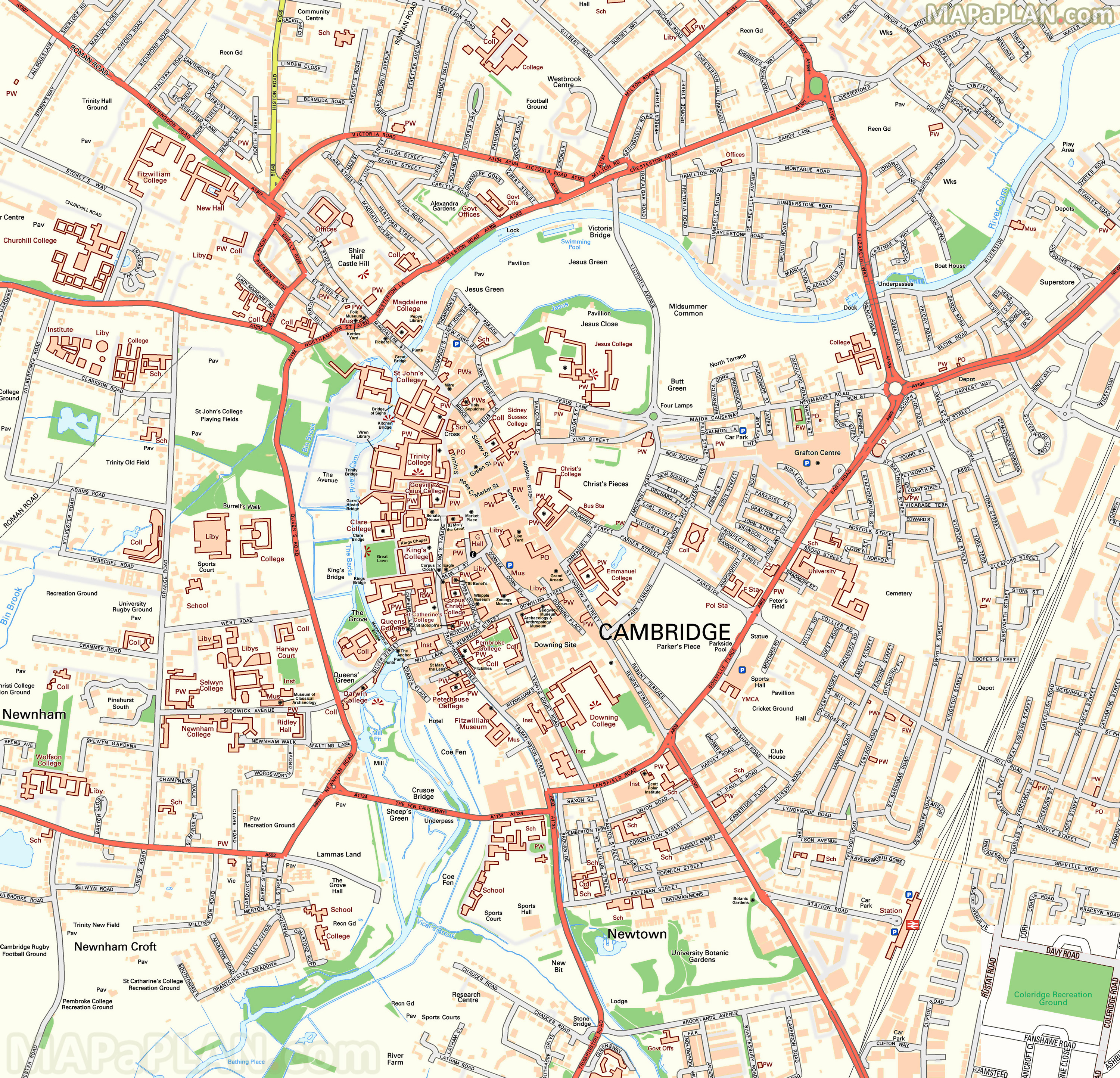 City centre detailed street travel guide with must see places sights landmarks to visit Cambridge top tourist attractions map