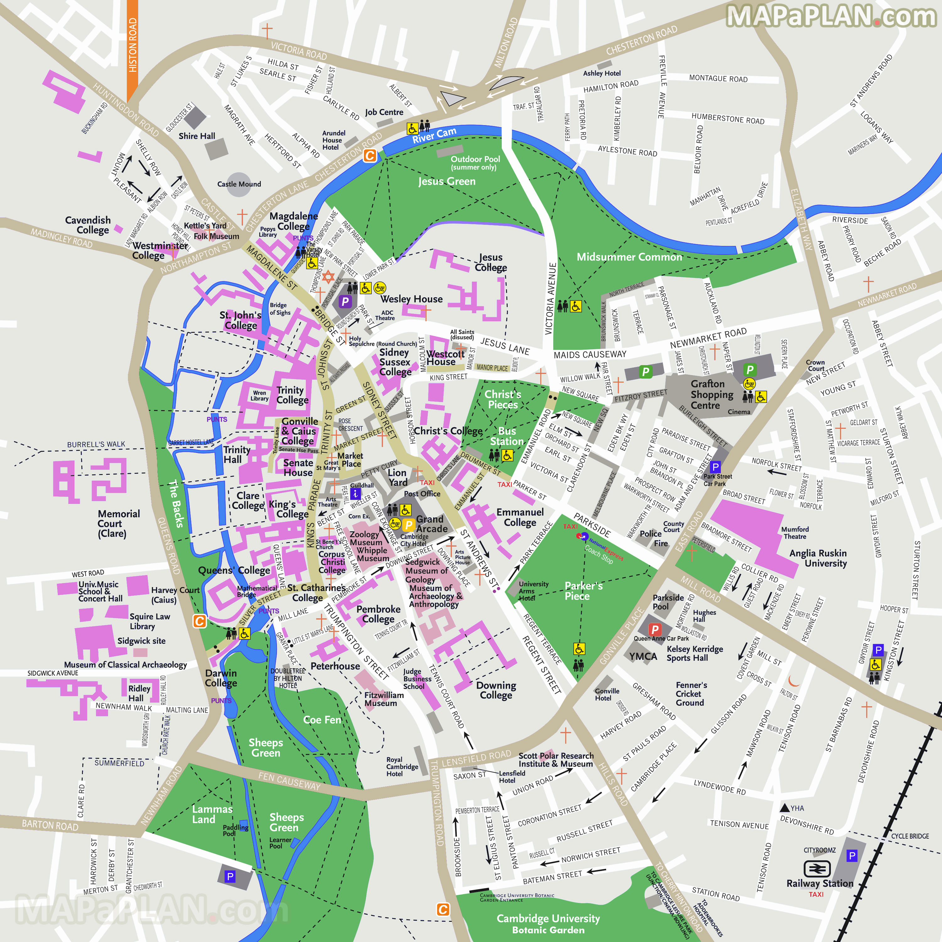 Interesting sites best museums top colleges popular shopping centres in two days Cambridge top tourist attractions map