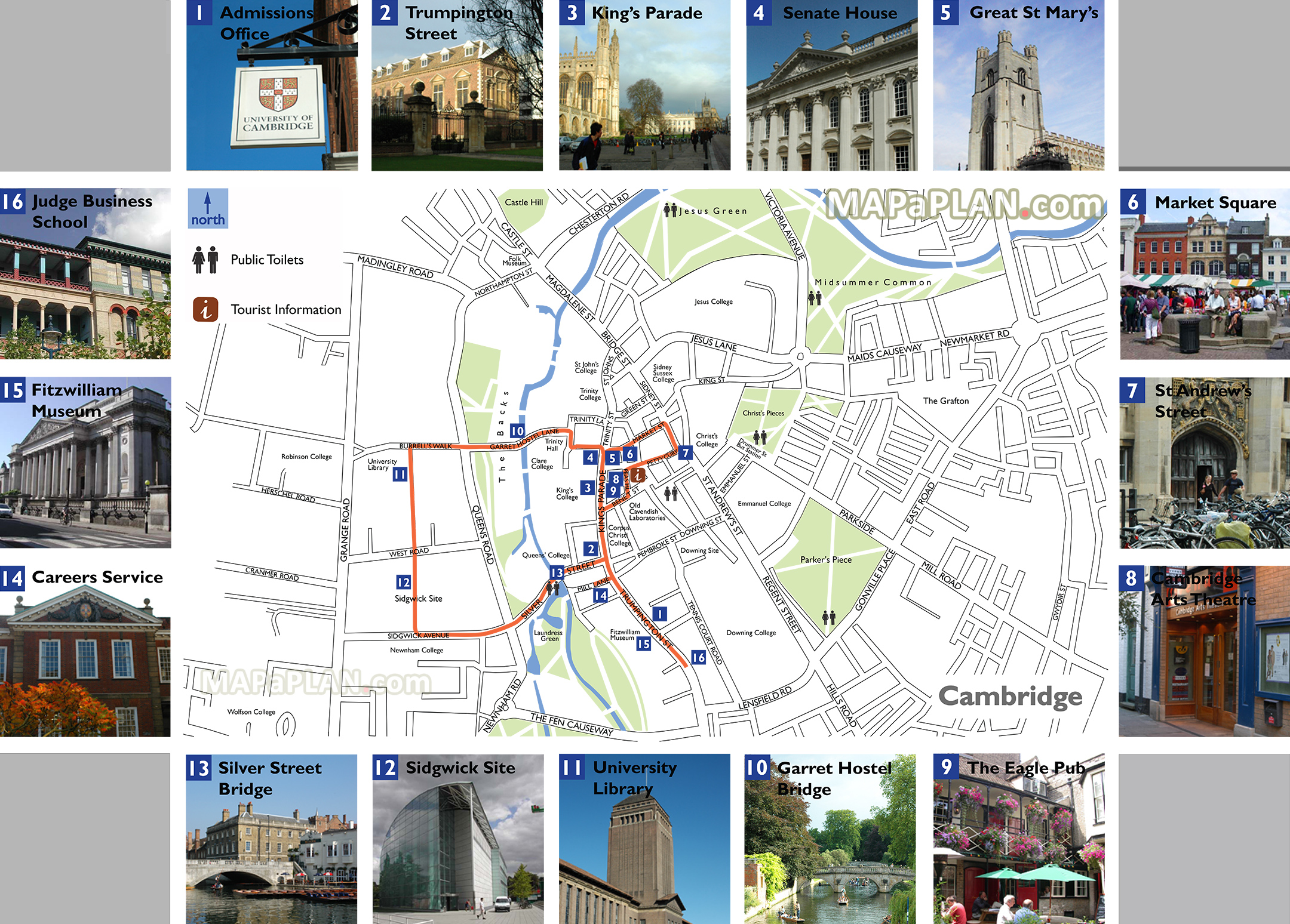 Explore best destinations one day walking trip route itinerary for prospective students Cambridge top tourist attractions map