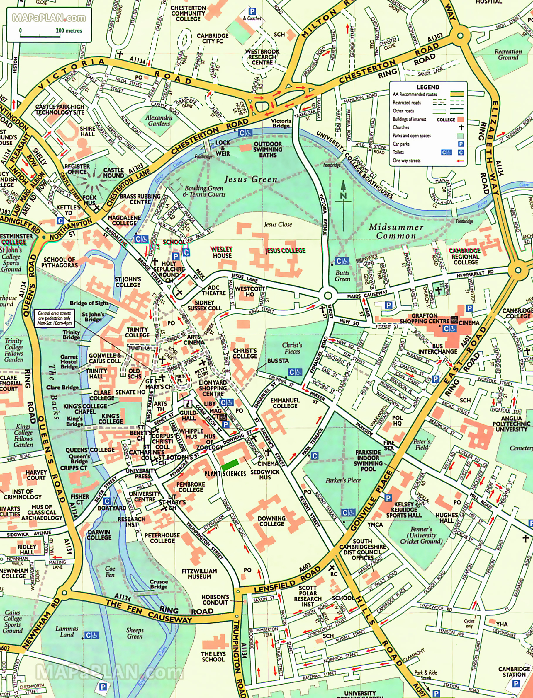 Cambridge England UK town centre major historical buildings of interest colleges schools churches Cambridge top tourist attractions map