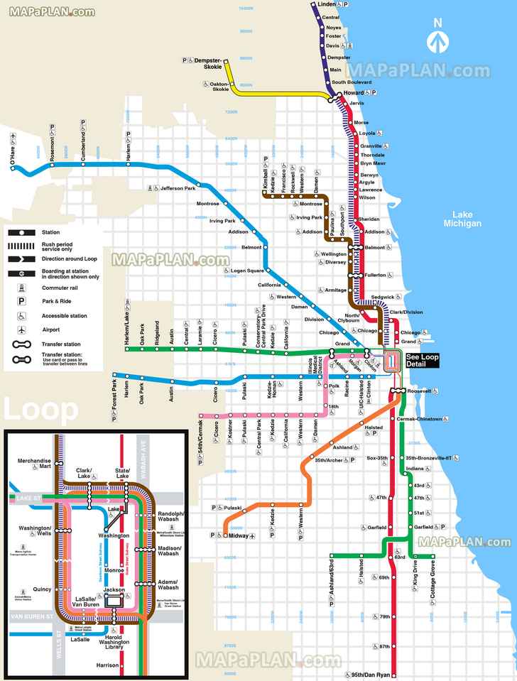 el l train subway metro tube underground blue red brown pink orange purple yellow lines stations cta public transportation railway system network O'Hare Midway airport terminal Chicago top tourist attractions map