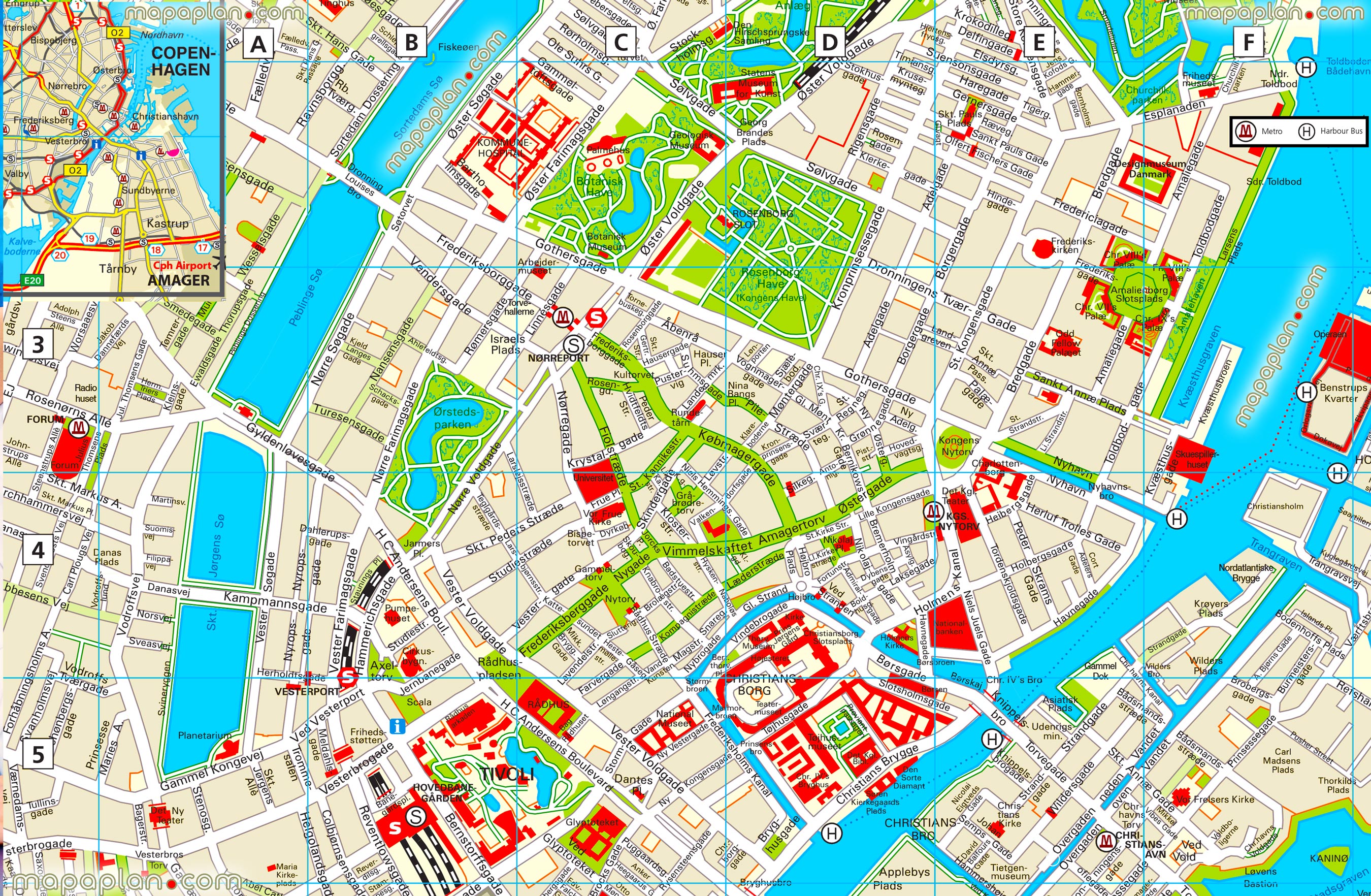 Copenhagen printable detailed interactive virtual city centre kobenhavn kort downloadable tourist guide visitors english must see places high quality large scale vector layout plan free download offline travel places visit must see tourist attractions famous destinations tivoli christiansborg rosenborg slots Copenhagen Top tourist attractions map