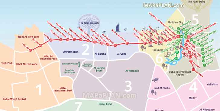 Metro RTA plan red green lines stations zones subway underground tube major sights to visit Dubai top tourist attractions map