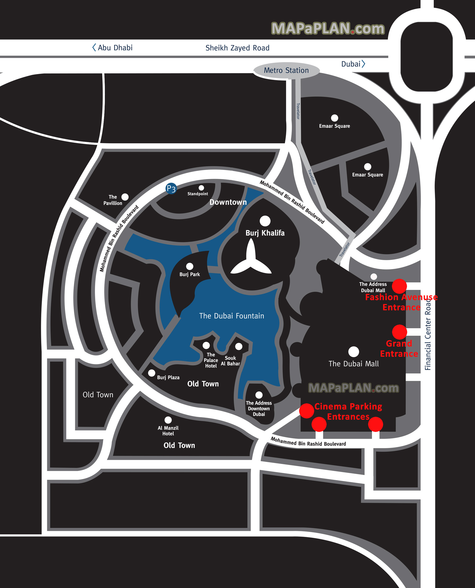 Location of Downtown Dubai Mall entrances Burj Khalifa Old Town district area Dubai top tourist attractions map