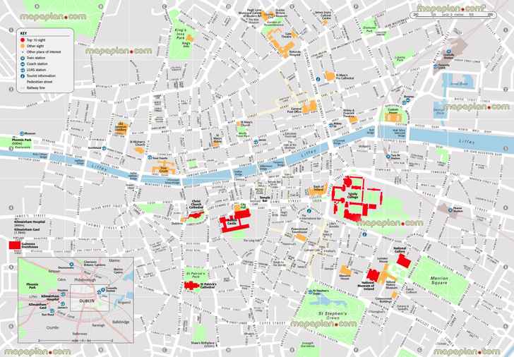 Dublin ireland city center points interest public transport train transit stations luas tram stops locations official tourist information centre high quality road guide street names large scale plans Dublin Top tourist attractions map