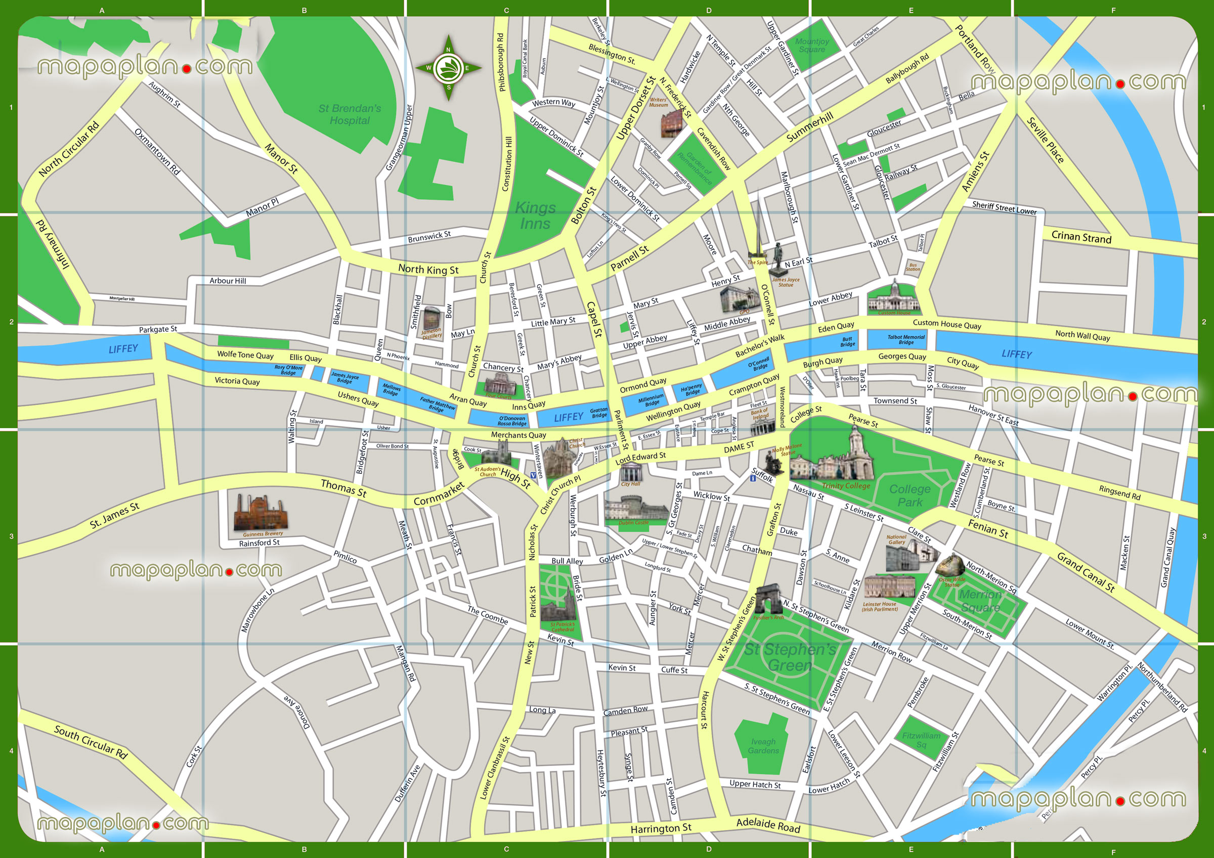 Dublin Top Tourist Attractions Map 04 Printable Walking Favourite Point Interest Visit City Centre Historic Spots Best Must See Sight High Resolution 