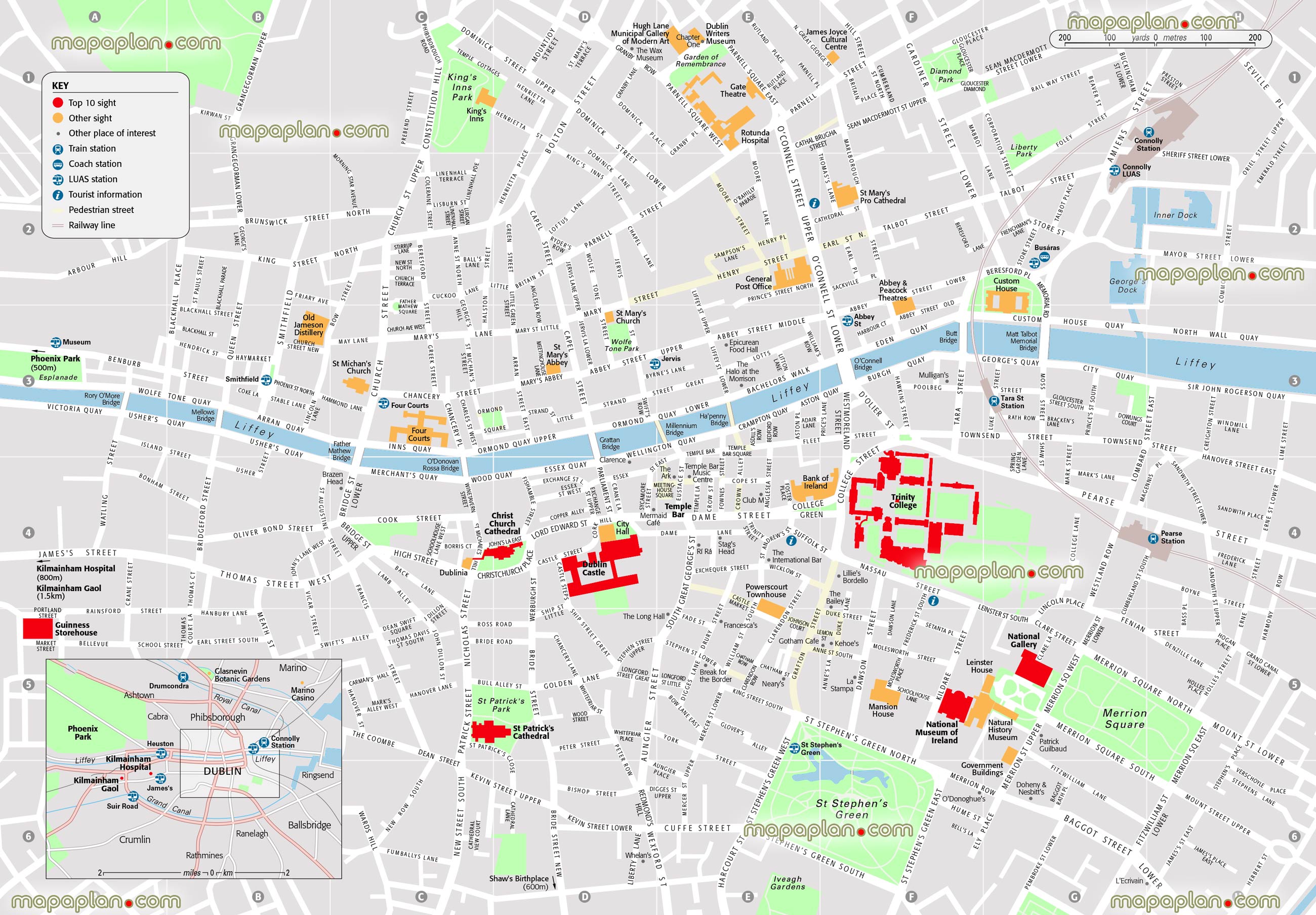 Dublin ireland city center points interest public transport train transit stations luas tram stops locations official tourist information centre high quality road guide street names large scale plans Dublin Top tourist attractions map