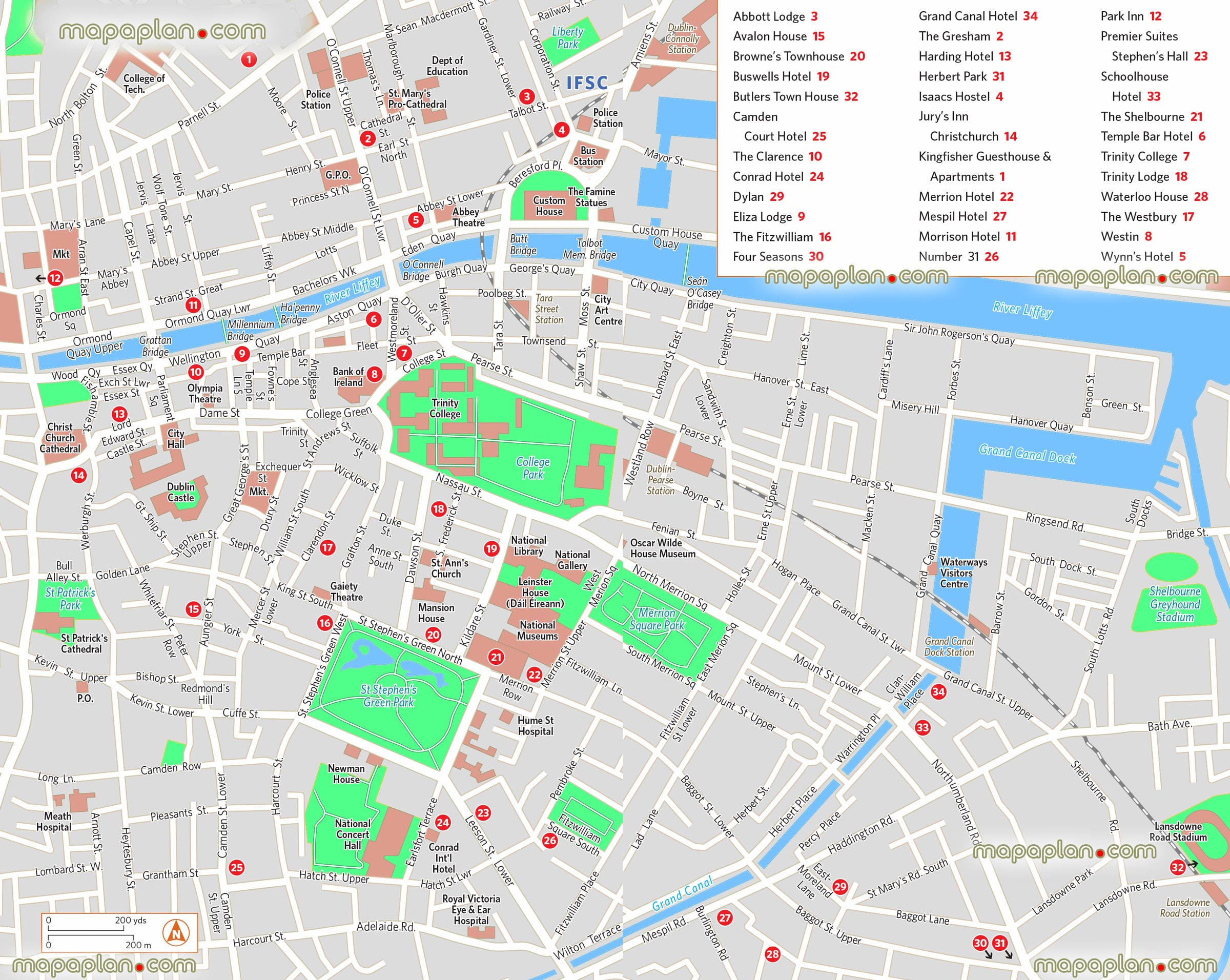 Dublin Top Tourist Attractions Map 14 Downtown Main Hotels City Attractions Best Sights Detailed Street Accommodation Guide English High Resolution 