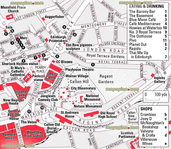 calton hill dining shopping tourist guide best sites nelson monument churches regent gardenss Edinburgh Top tourist attractions map