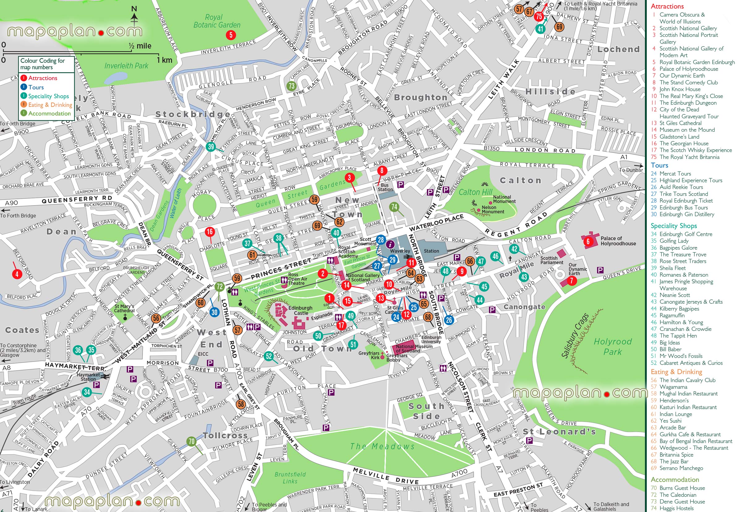 Edinburgh inner city center printable top attractions old new town district area neighbourhoods list points interest public transport waverley stations locations official tourist information centre high quality road guide street names large scale plans Edinburgh Top tourist attractions map