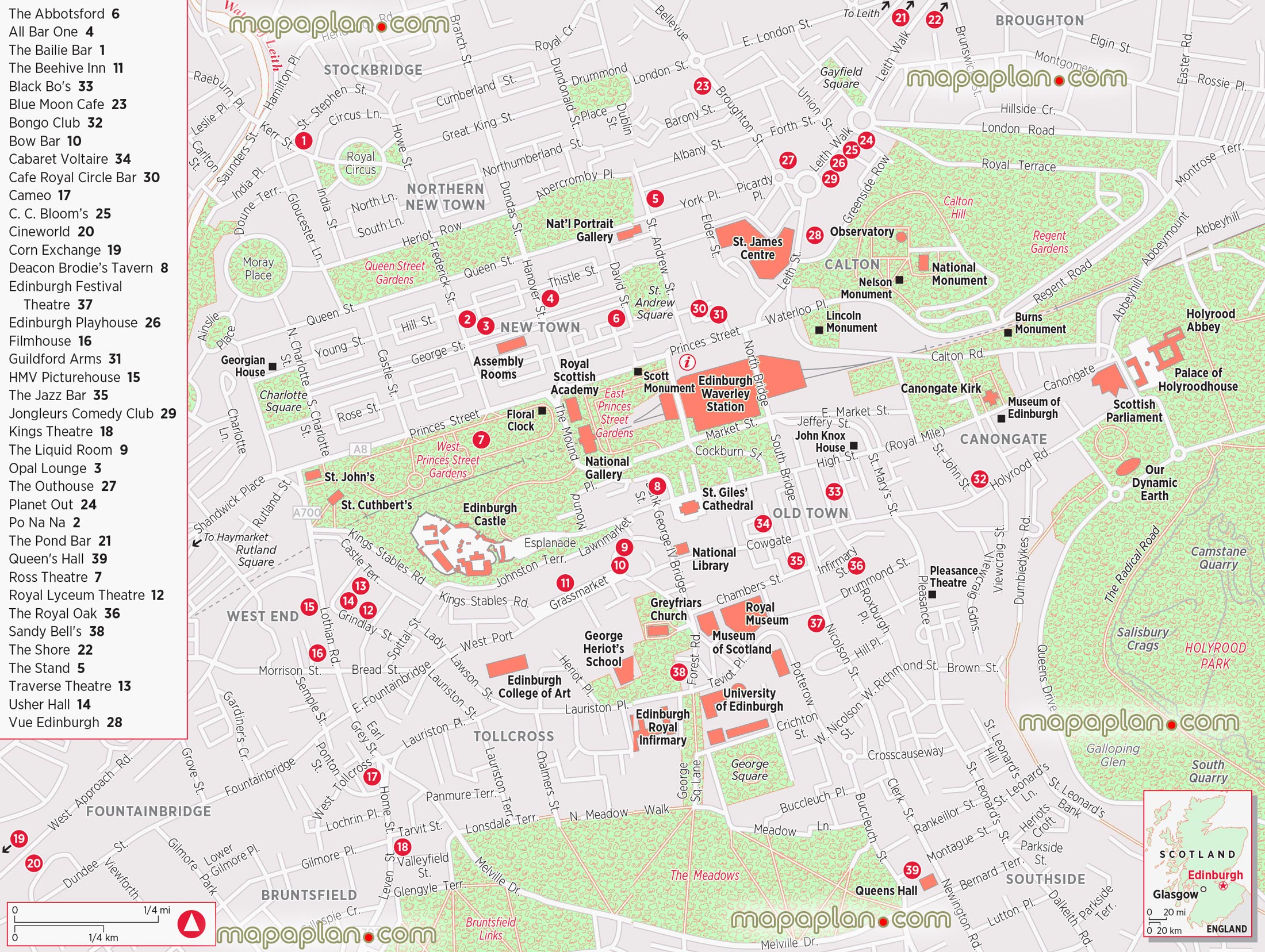 nightlife entertainment Edinburgh night clubs pubs bars theatres cinemass Edinburgh Top tourist attractions map