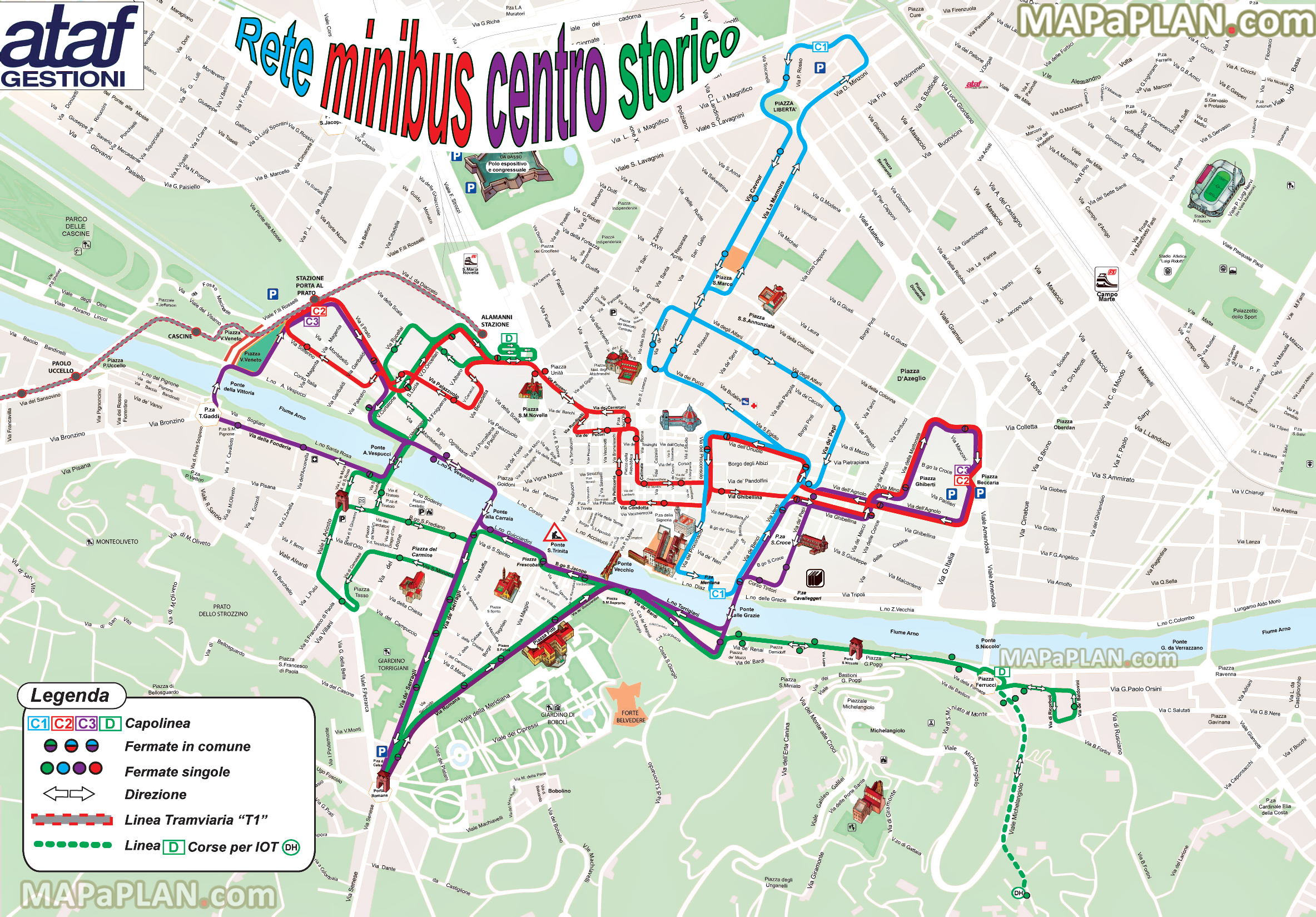 public transport historical center electric buses city lines c1 c2 c3 d tramvia tram line 1 t1 Florence top tourist attractions map