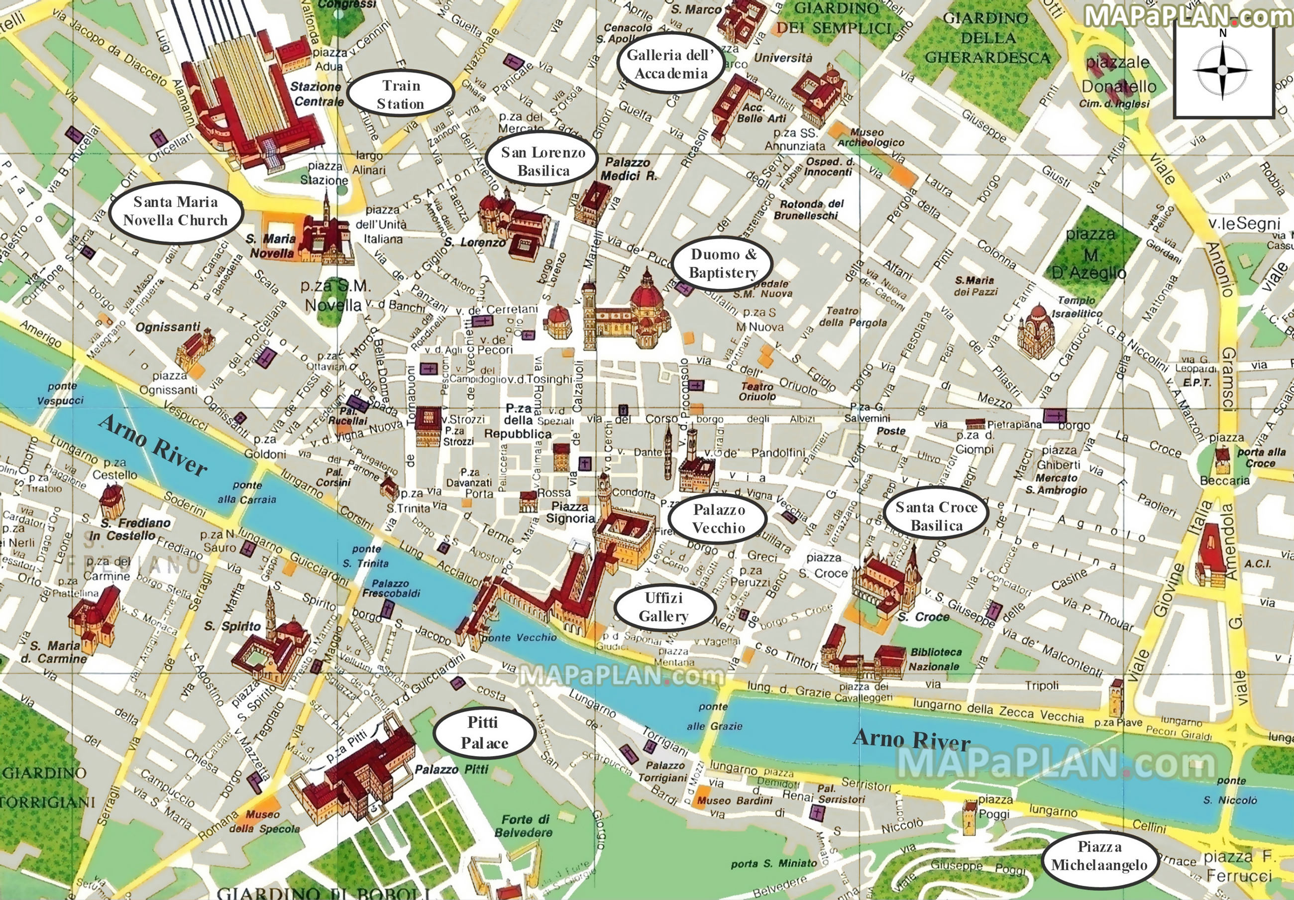 Stadtplan von Florenz mit eingezeichneten Sehenswürdigkeiten - bereitgestellt von http://www.mapaplan.com