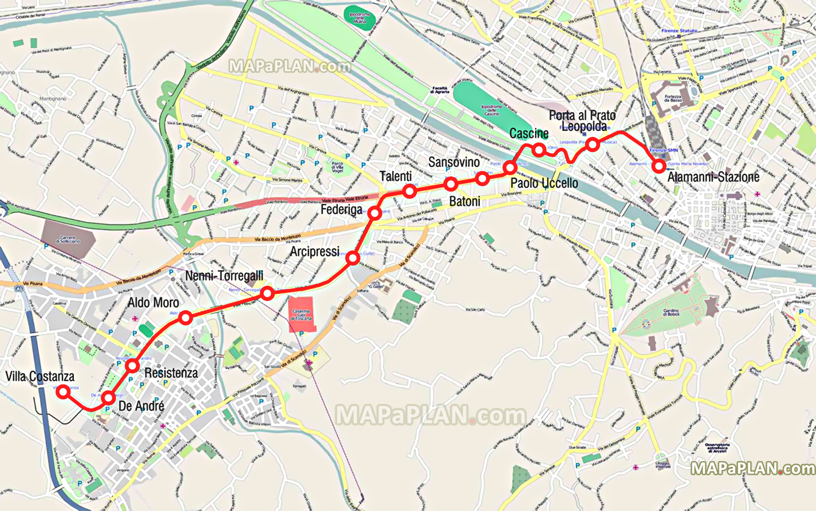 tram stops city center t1 tramvia line 1 firenze transit system diagram Florence top tourist attractions map