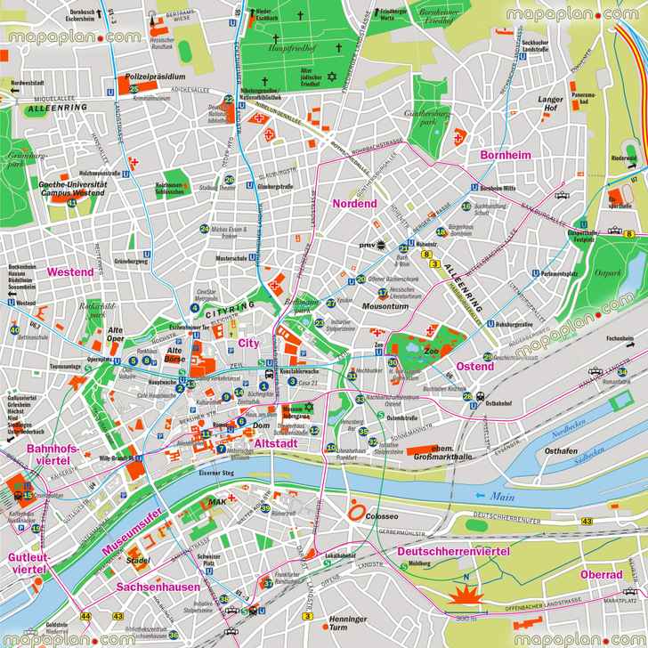 Frankfurt am main germany city center free printable interactive visitors detailed download tourists old town innenstadt karte must see sights s bahn u bahn public transport stations stops inner city plan sightseeing places interests Frankfurt Top tourist attractions map