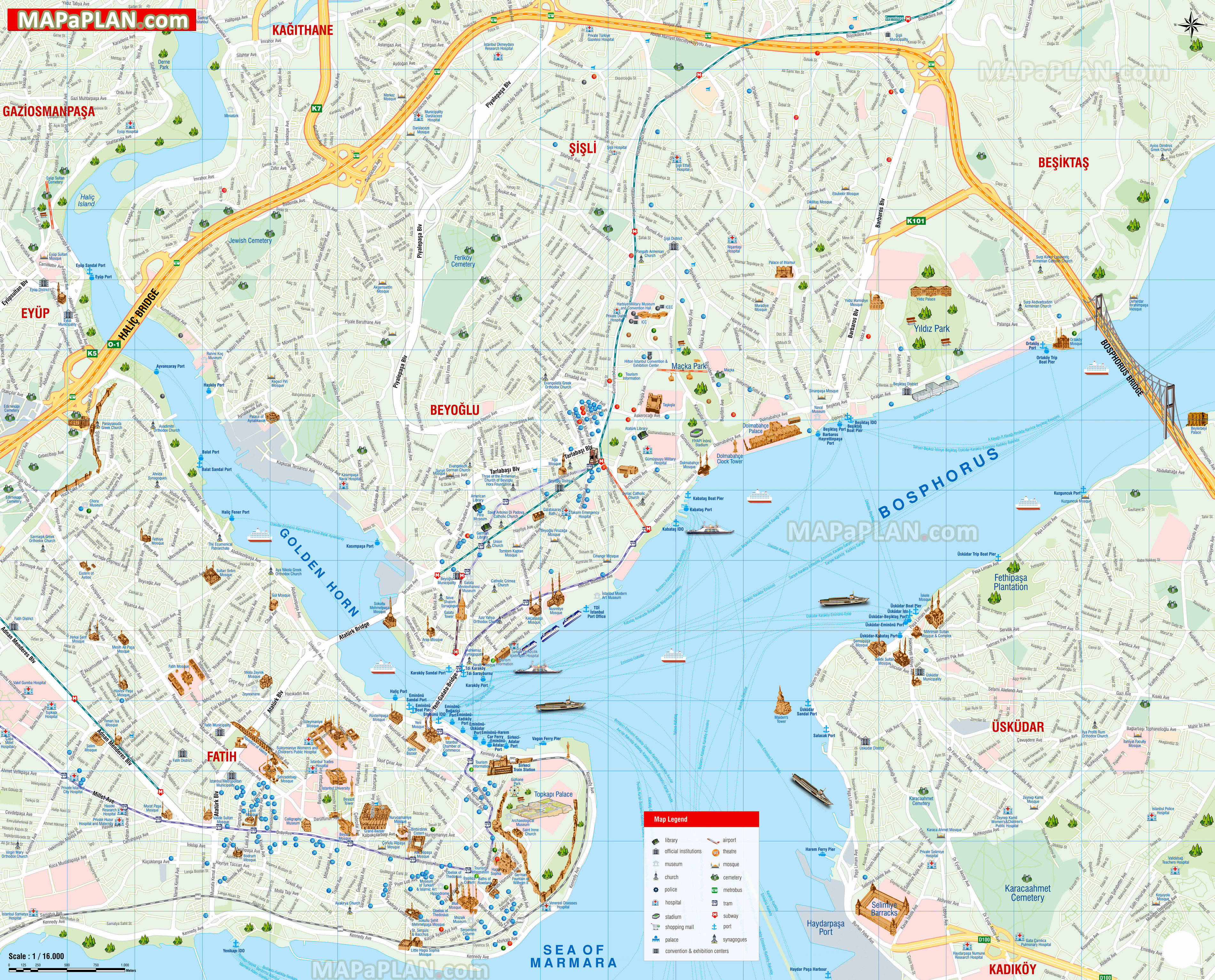 Istanbul map - Detailed street names English travel guide showing ...