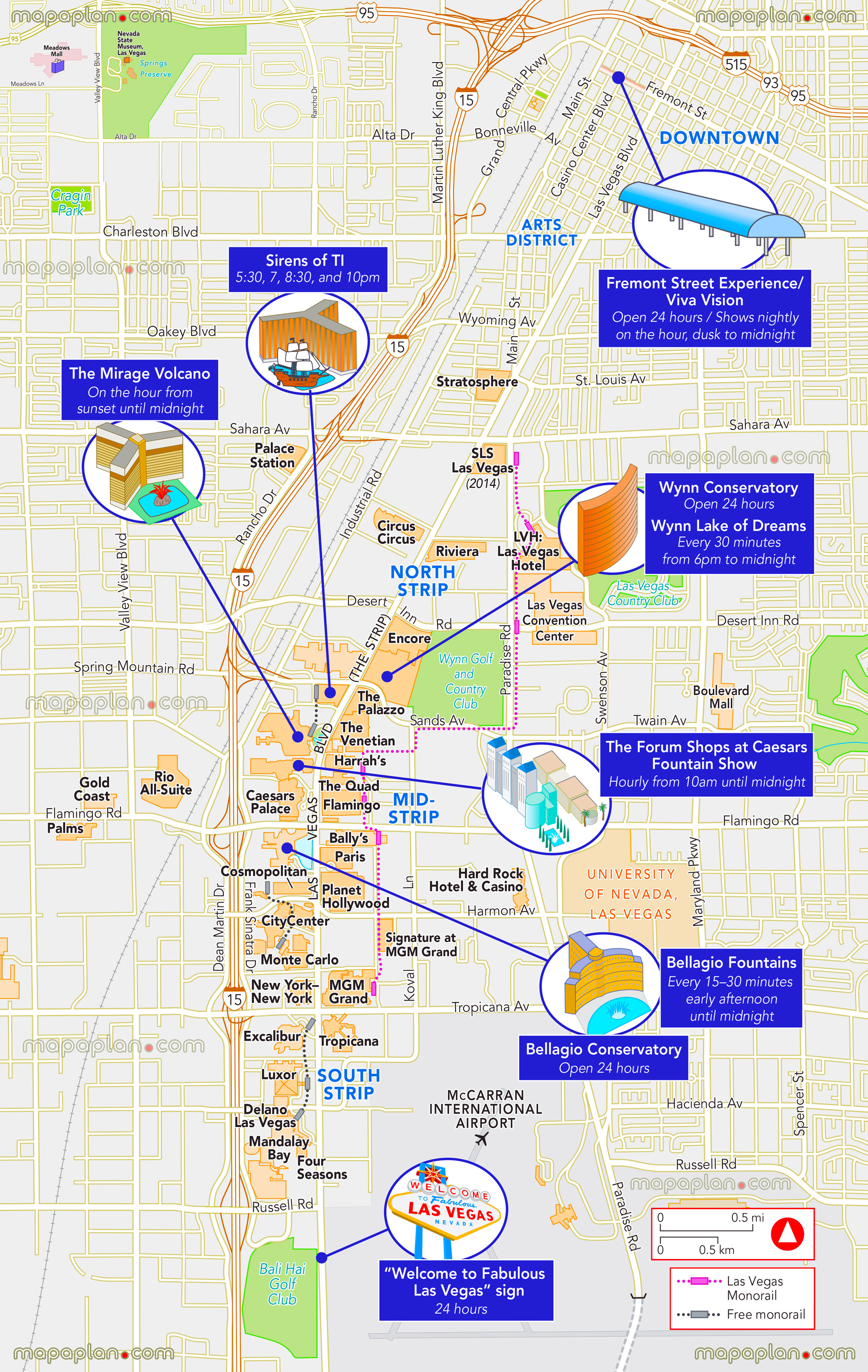 free hotel times schedule mirage volcano caesars bellagio fountain show welcome fabulous sign forum shops wynn lake dreams sirens ti fremont street experiences Las Vegas top tourist attractions map