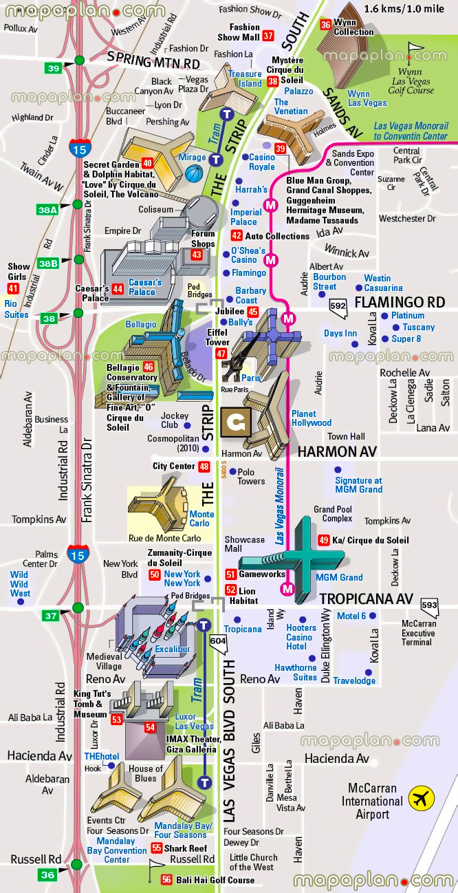 detailed road street names plan favourite points interest boulevard south mccarran international airport terminal frank sinatra drive excalibur eiffel tower bellagio fountain imax theater king tuts tomb museums Las Vegas top tourist attractions map