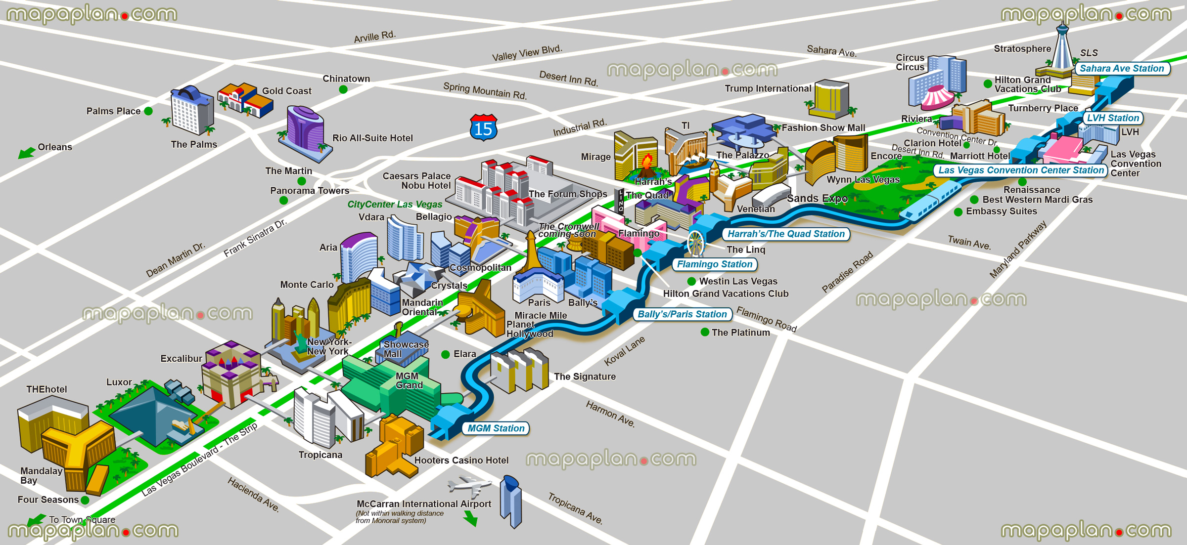 strip hotels graphical satellite overview mgm sahara monorail stations bridges casinos luxor tropicana aria stratosphere fashion show mall palazzo mirage mandarin orientals Las Vegas top tourist attractions map