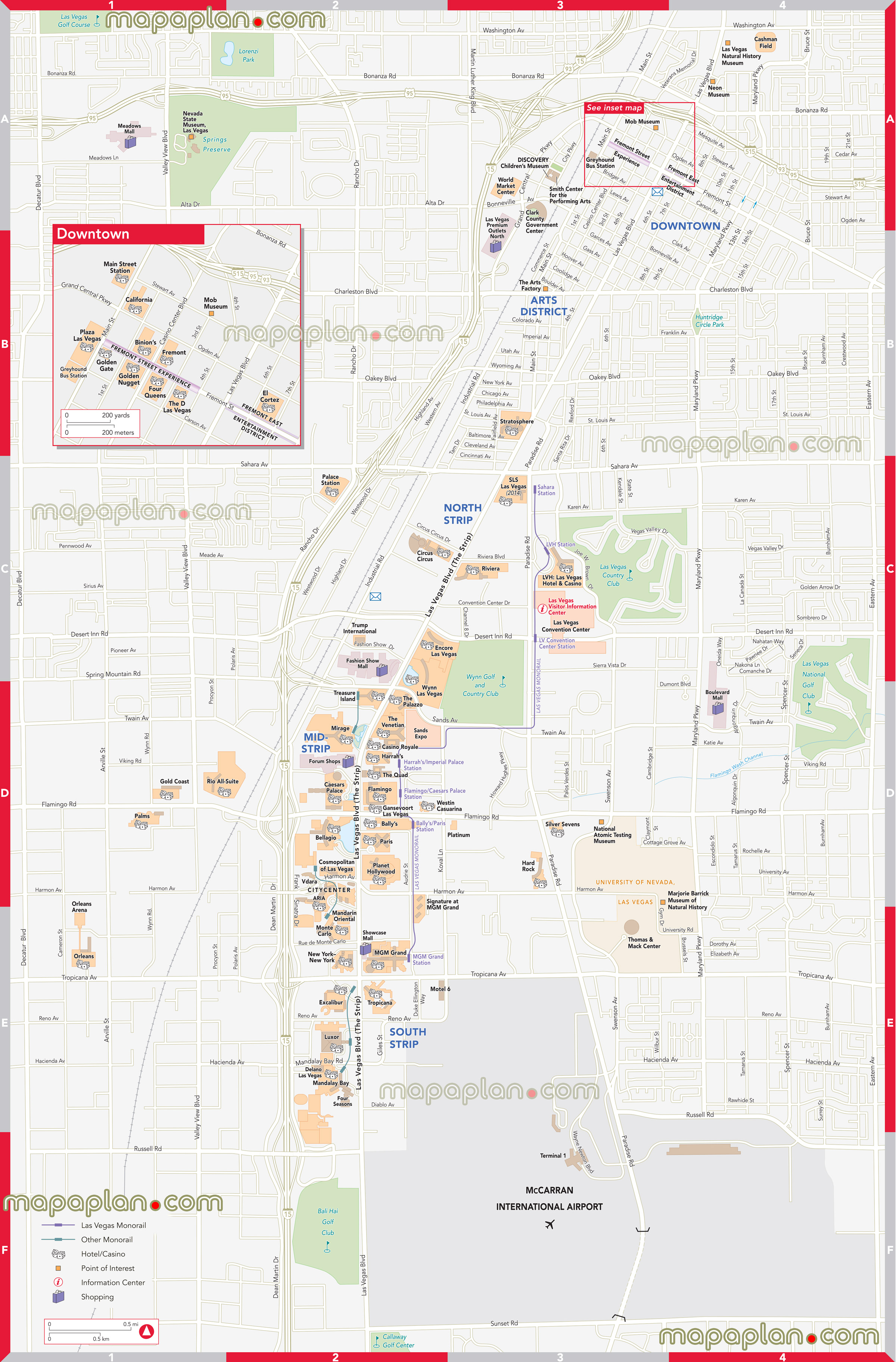 iconic casinos location tramway stops main district areas neighborhoods south strip mid north downtown old town fremont street experience arts district shopping malls golf country clubs palms rio hard rocks Las Vegas top tourist attractions map