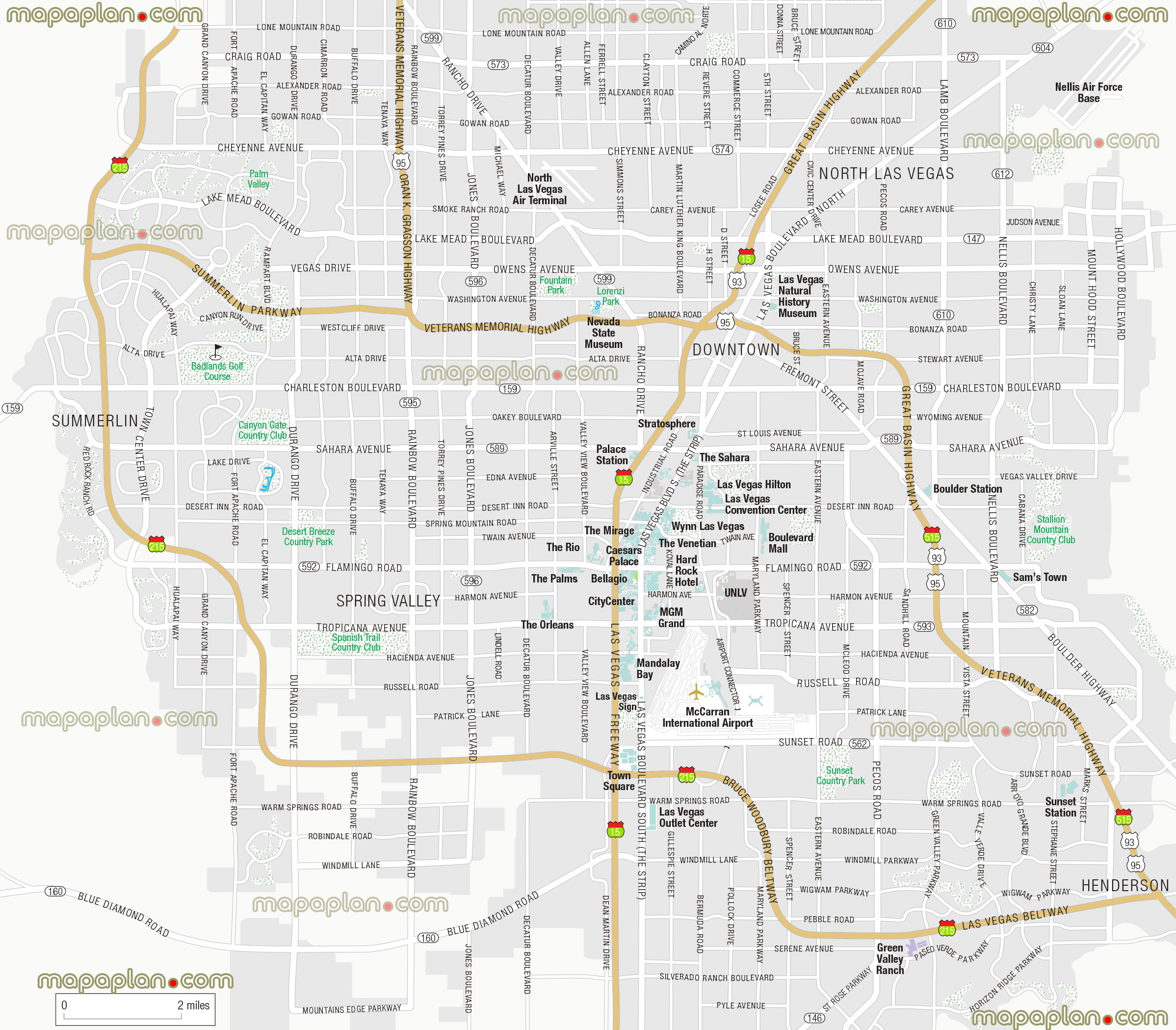 metropolitan area guide greater surrounding zones sunset park outlet center orleans palms unlv boulevard mall nevada state museum boulder palace station interstate 215 beltways Las Vegas top tourist attractions map