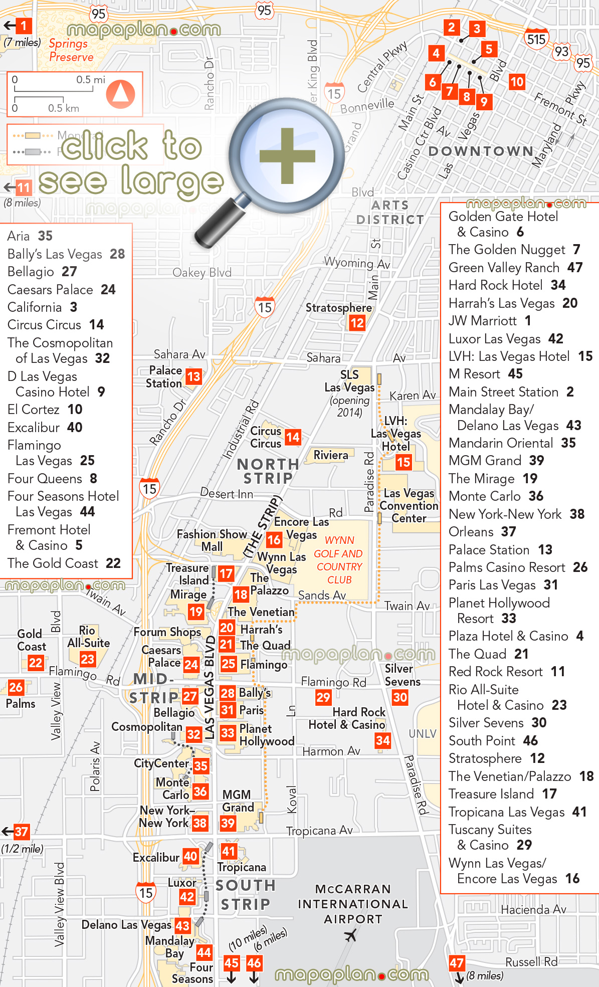 las vegas map - a-z list of all hotels on the strip including aria