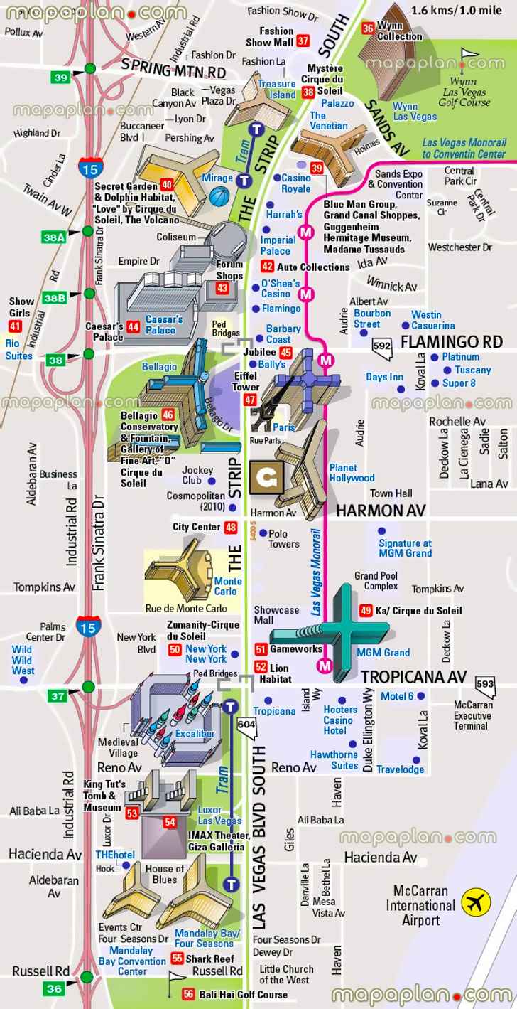 detailed road street names plan favourite points interest boulevard south mccarran international airport terminal frank sinatra drive excalibur eiffel tower bellagio fountain imax theater king tuts tomb museums Las Vegas top tourist attractions map