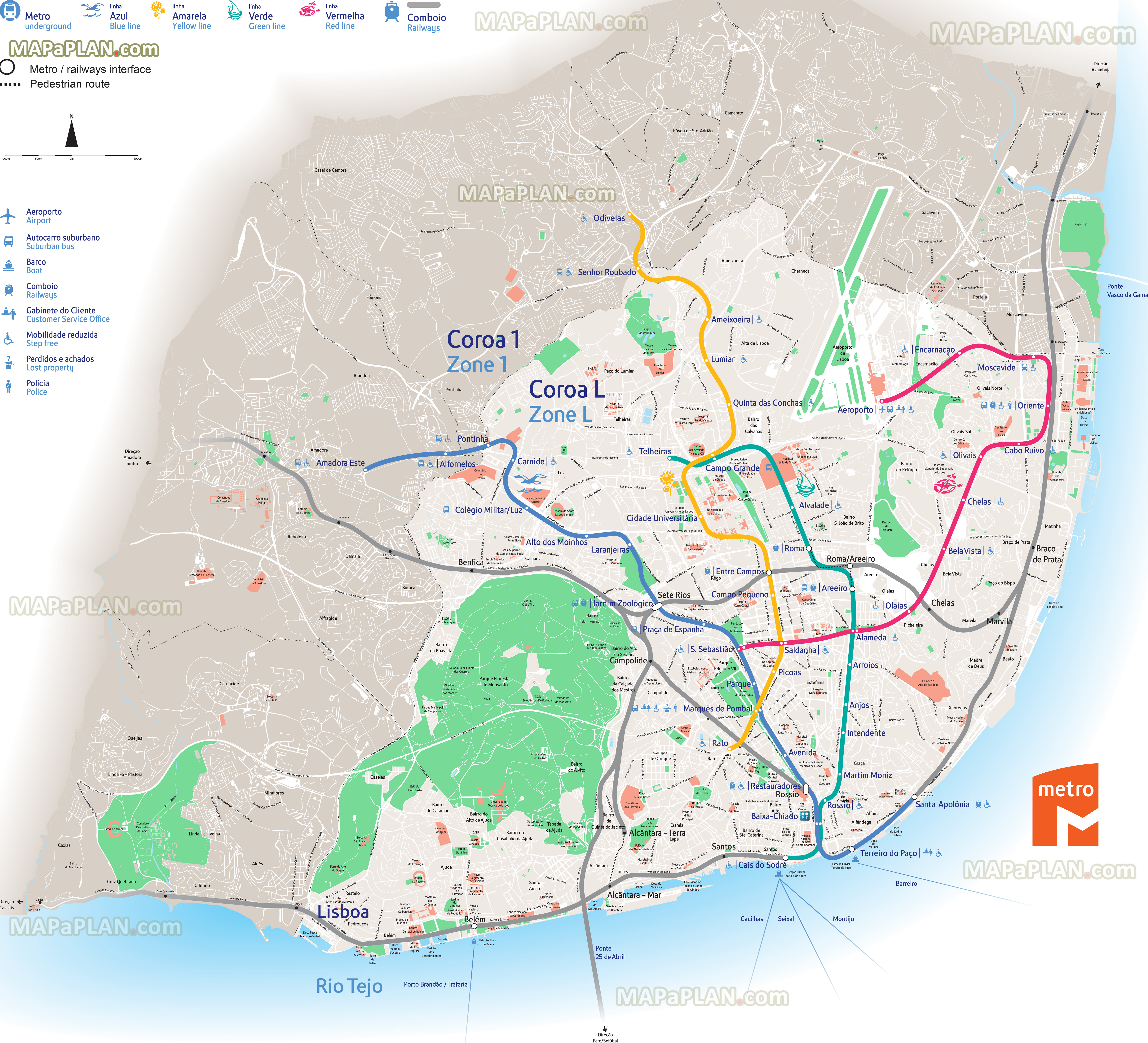 metro subway underground tube transit lines red blue green yellow railway train rail stations oriente entrecampos santa apalonia portela airport terminal Lisbon top tourist attractions map