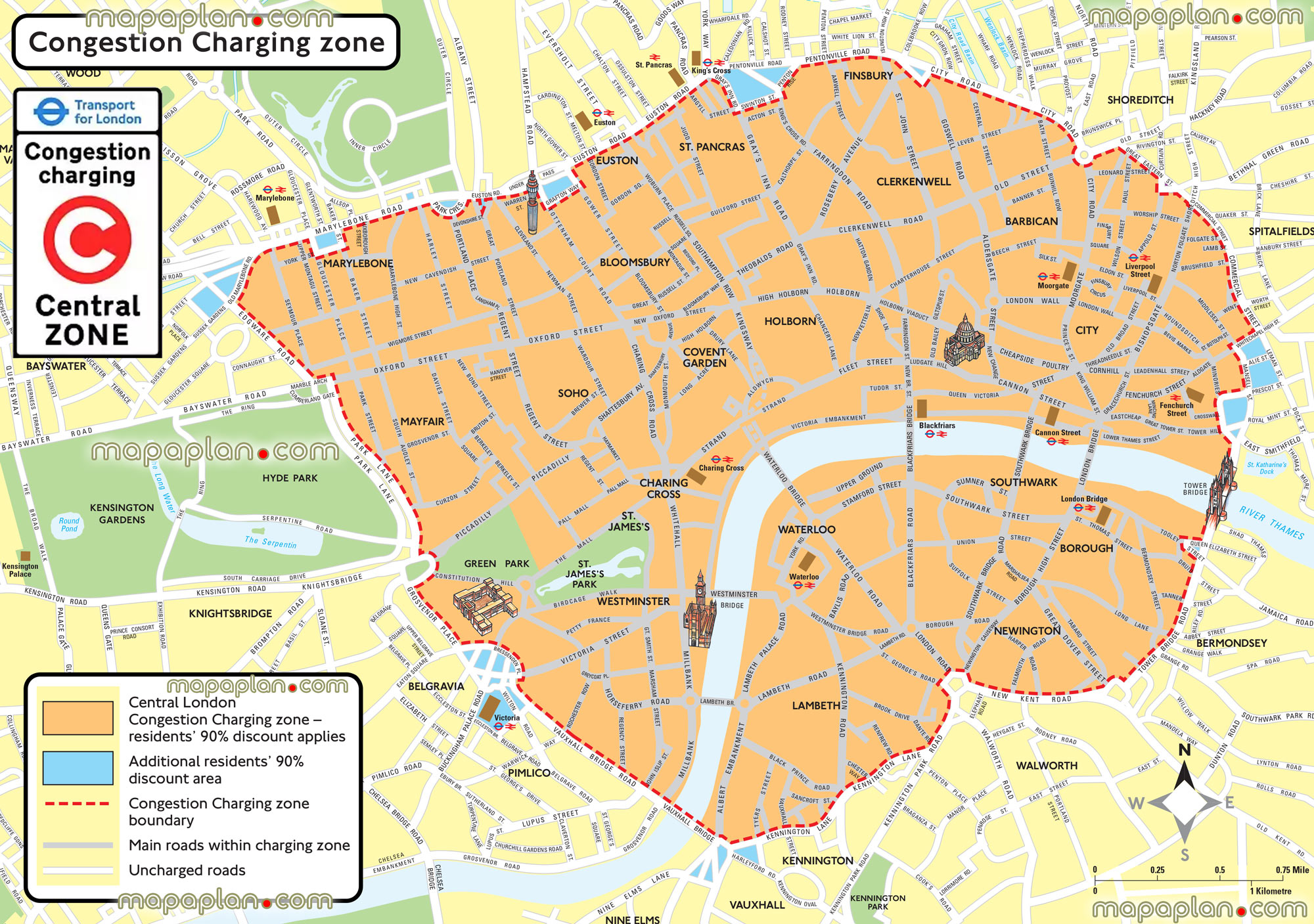 London congestion charge zone area boundary sign driving guide navigation directions avoid payings London Top tourist attractions map