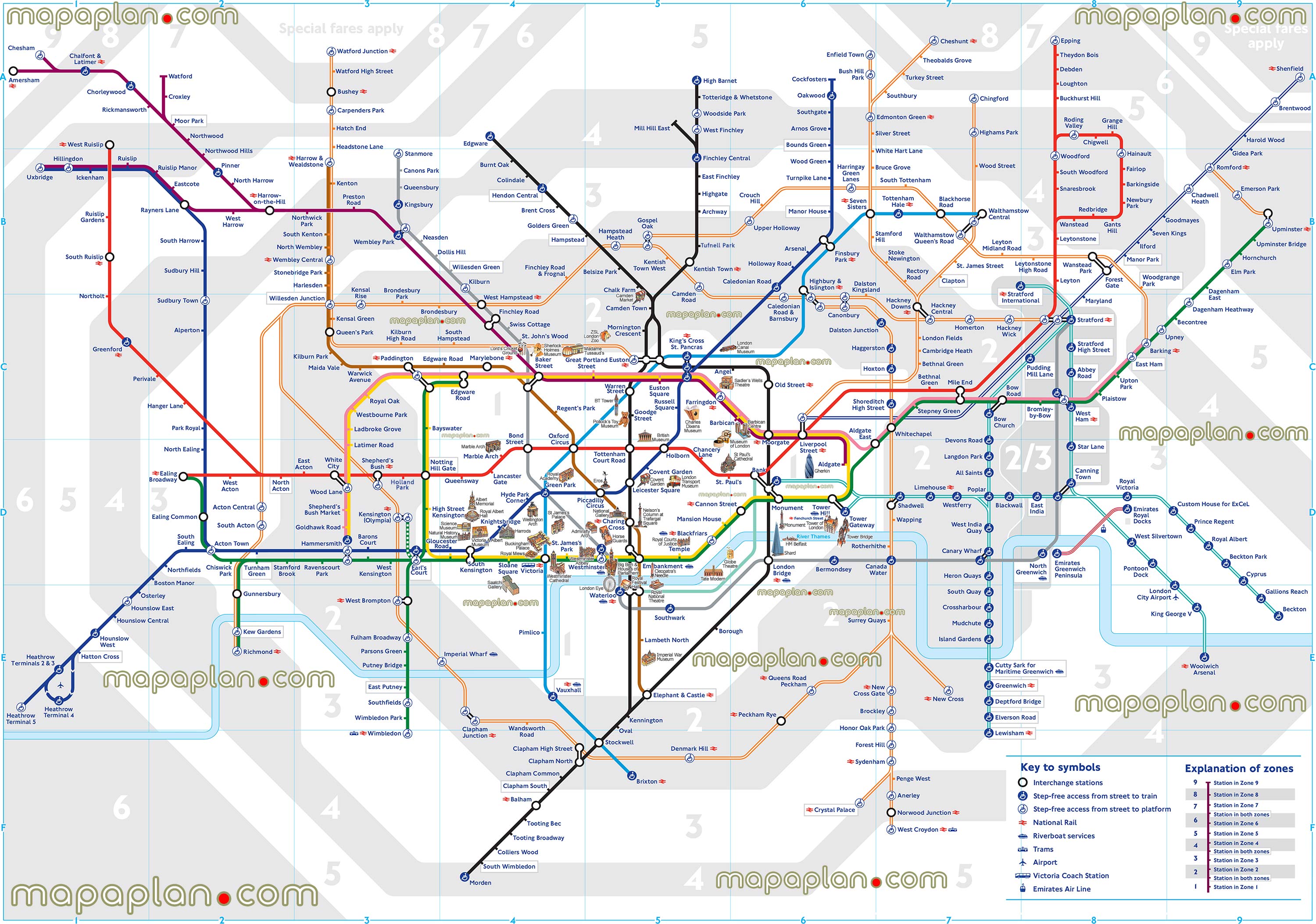 London tube underground stations zones marked public transportation system heathrow airport overground metro routes subway rail lines network diagram railway transit stops commuter dlr light train transports London Top tourist attractions map