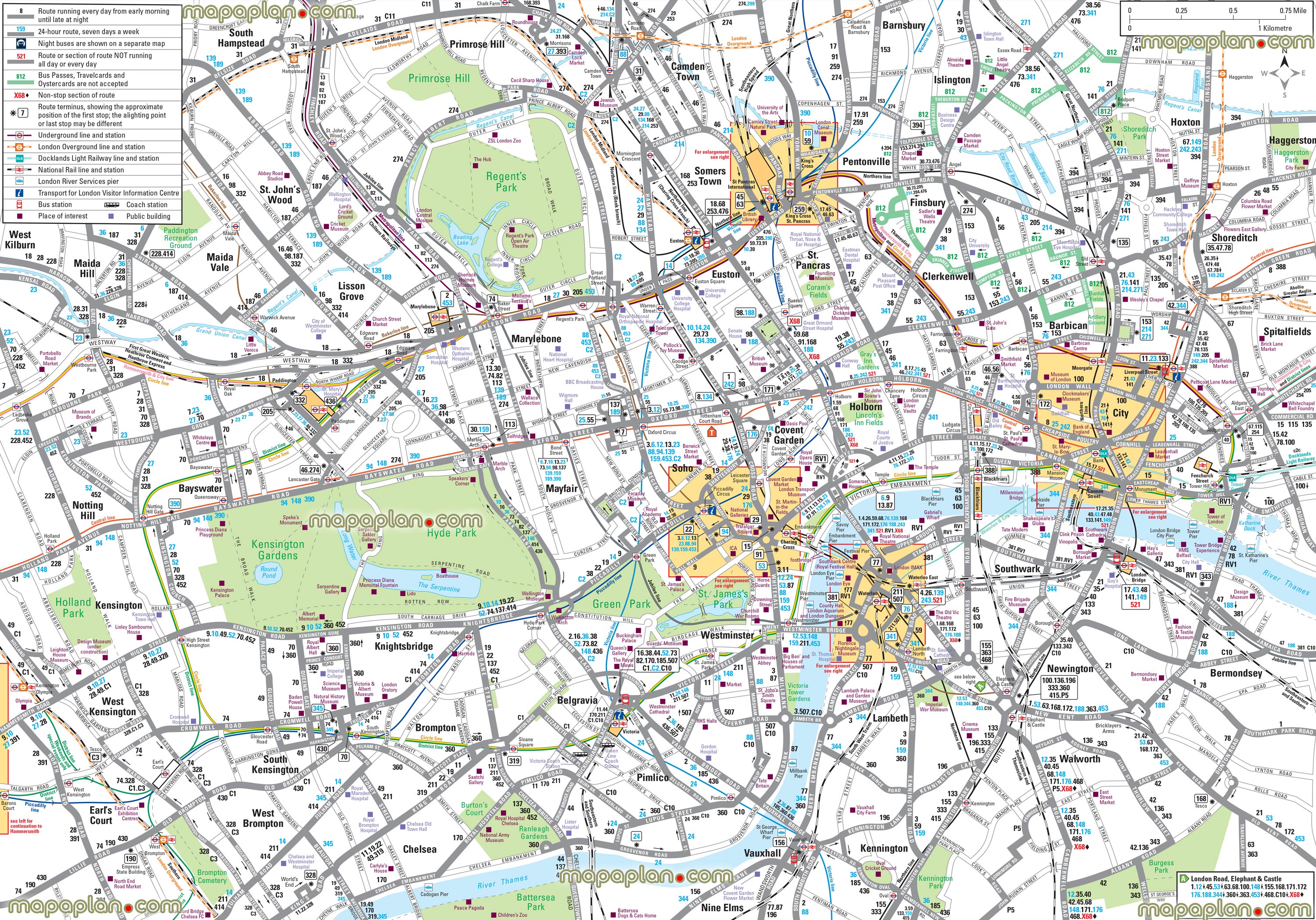 London map - Detailed map of central London (England) bus & tube public