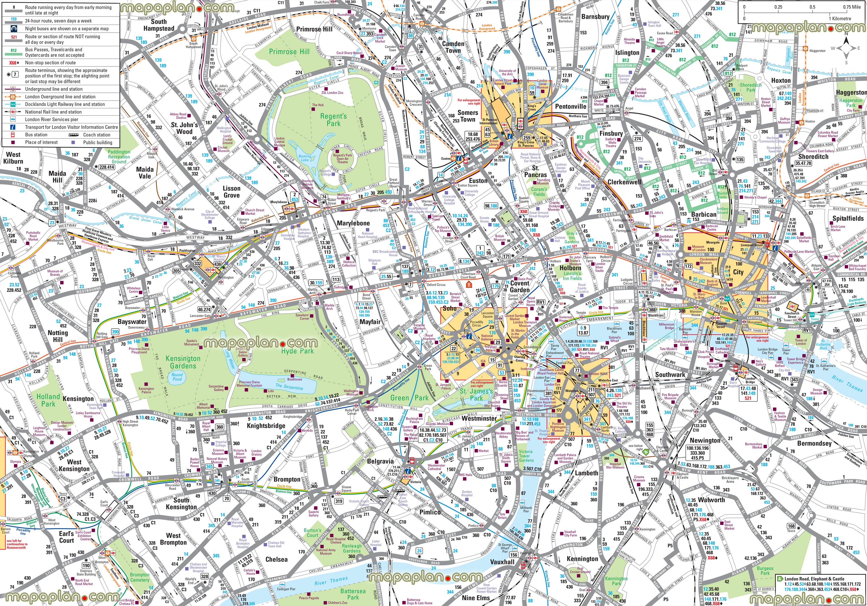 detailed central London england bus tube public transportation network a3 a4 hd printable quality large scale sizes London Top tourist attractions map