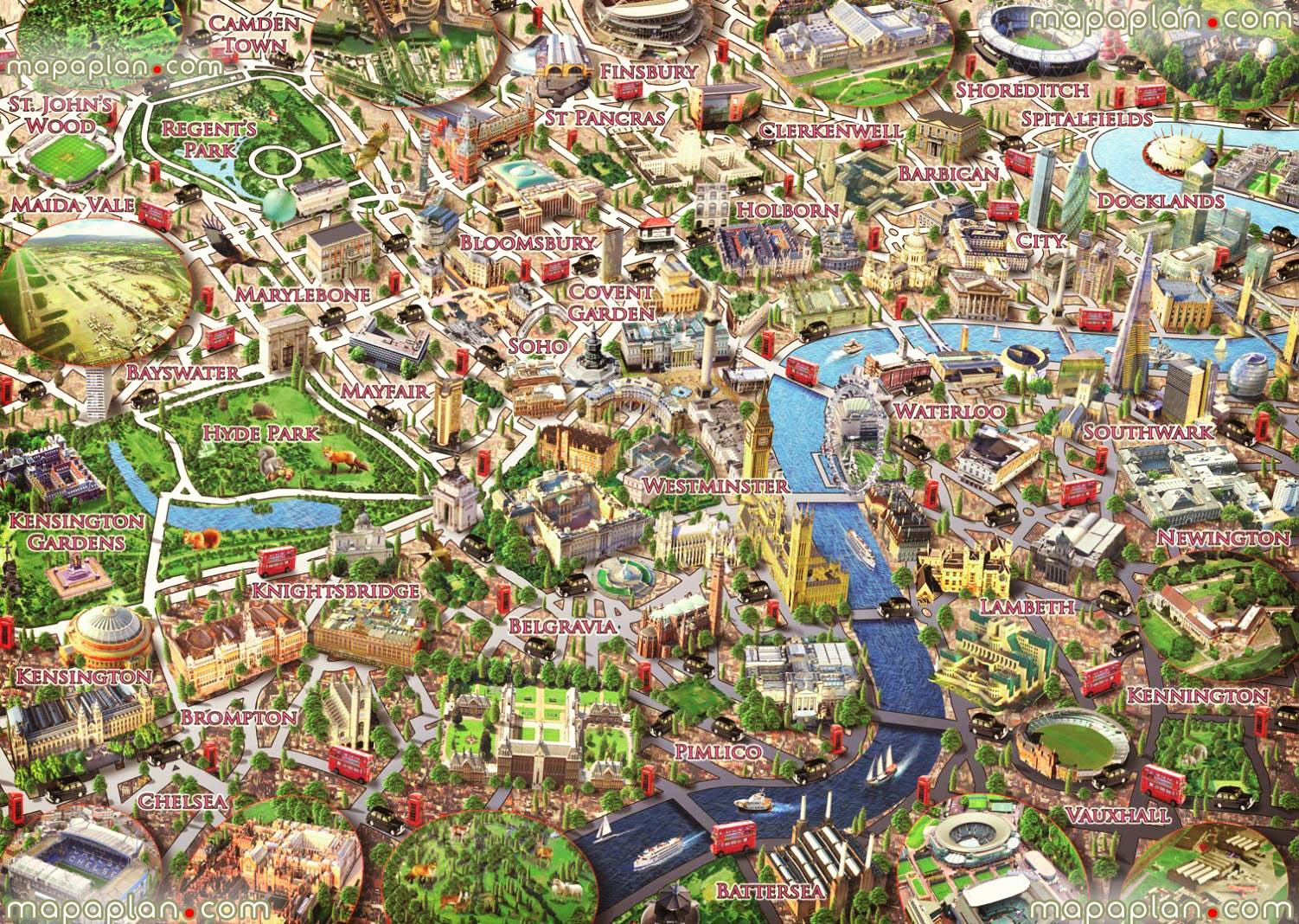 central London neighborhoods graphical colorful 3d puzzle drawing children London Top tourist attractions map