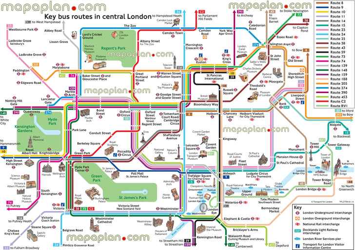 map bus route network main tourist attractions central London key stops places visits London Top tourist attractions map