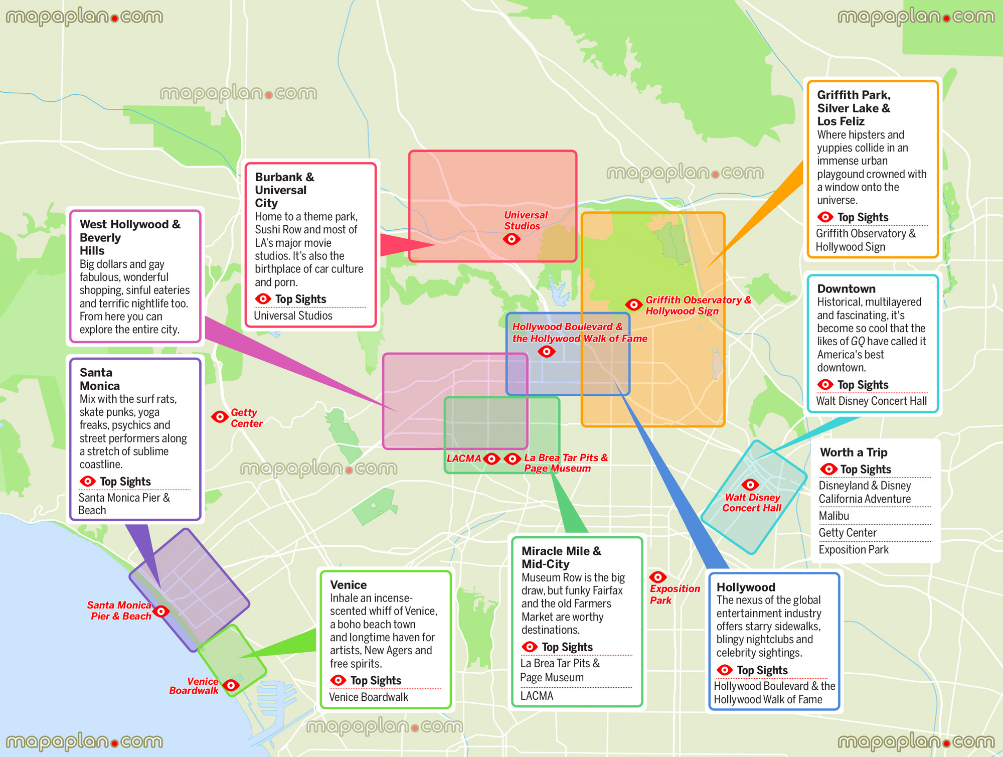 neighborhoods free download interactive sightseeing hollywood walk fame downtown walt disney concert hall griffith park observatory burbank universal studios miracle mile lacma venice boardwalk santa monica pier beach getty centers Los Angeles top tourist attractions map