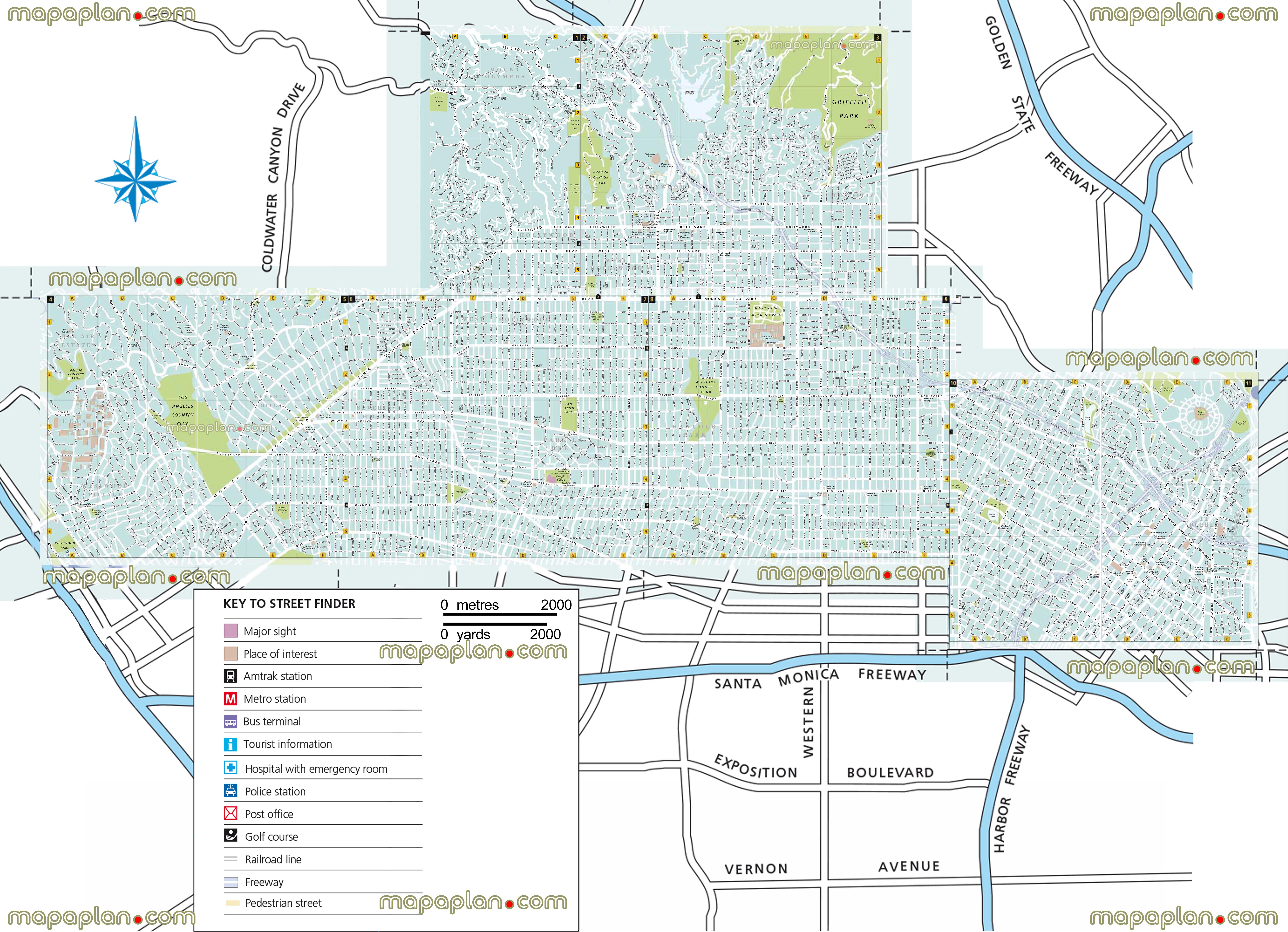 large scale printable street names places interest santa monica west sunset boulevard mulholland drive runyon canyon park olympic music center union station melrose avenue hollywood memorial park dodger stadium lacma freewayss Los Angeles top tourist attractions map