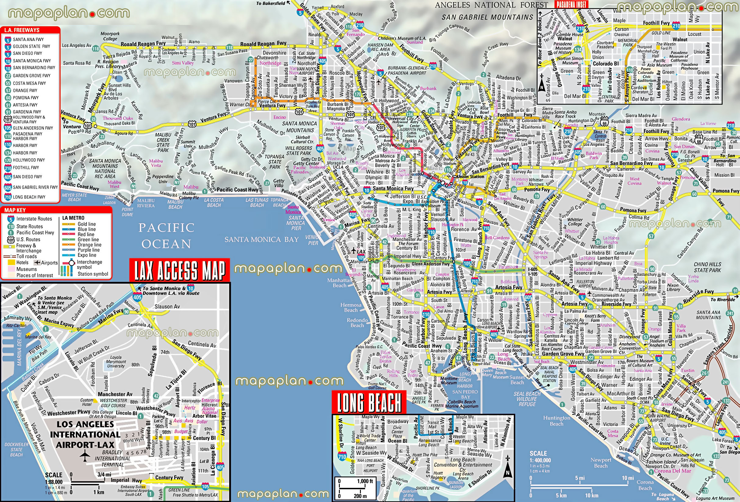 freeway highway system driving navigation lax international airport terminal access exit long beach pasadena santa monica malibu disneyland resort manhattan hermosa redondo marina newport corona ventura foothill san bernardino santa ana diego harbor ronald reagan artesias Los Angeles top tourist attractions map