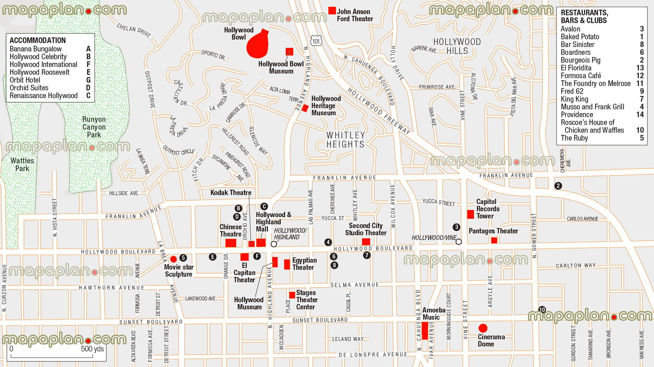 hollywood virtual guide hotels restaurants bars clubs celebrity orchid suites roosevelt renaissance suites orbit international banana bungalow bowl kodak dolby theatre egyptian highland mall capitol records tower sunset boulevard franklin avenues Los Angeles top tourist attractions map