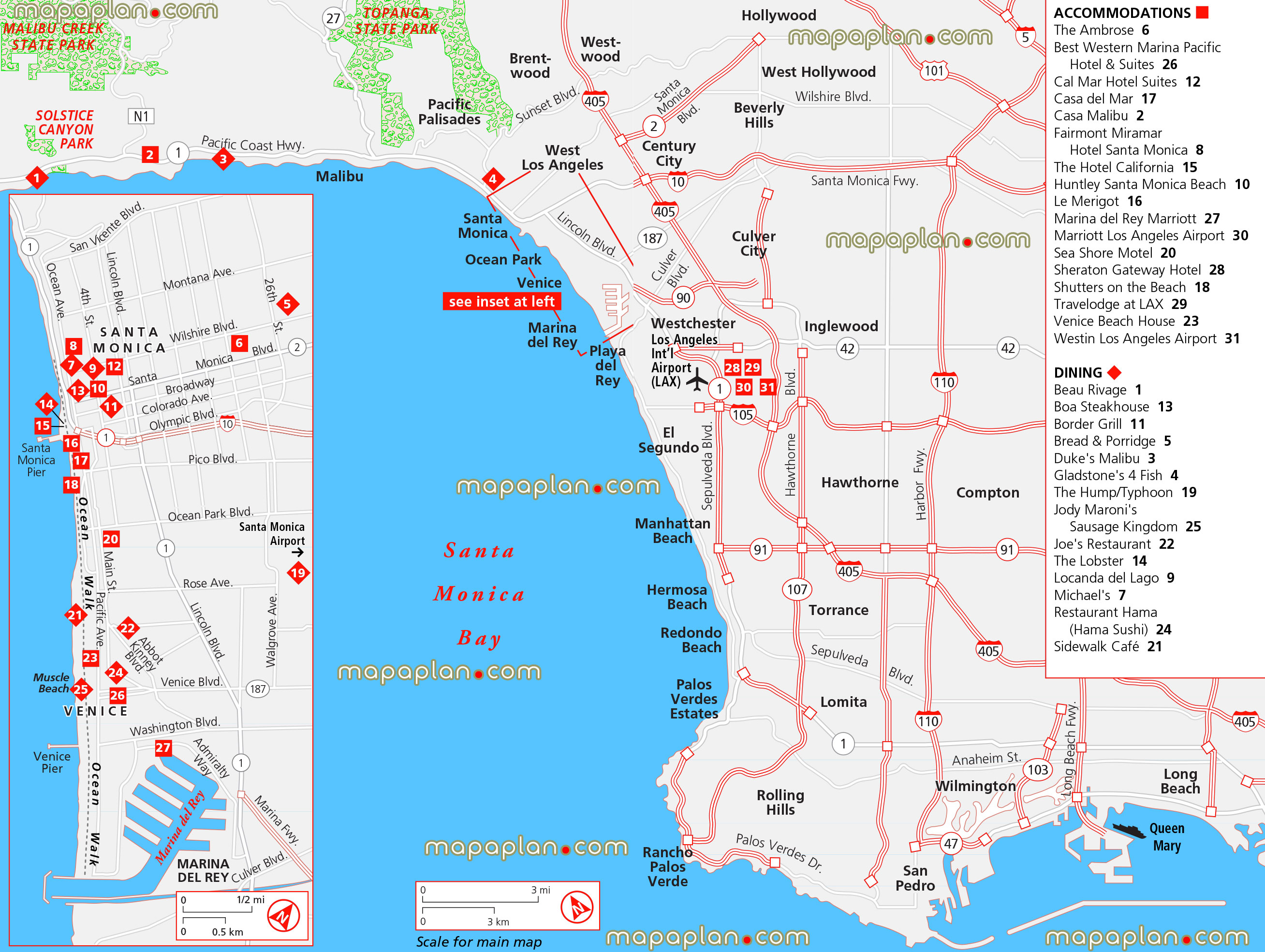 santa monica bay all iconic beaches location plan good value budget hotels motels cheap restaurants greater surrounding metropolitan area municipality zones malibu santa monica venice long ambrose cal mar casa merigot marriott sea shore sheraton shutters gateways Los Angeles top tourist attractions map