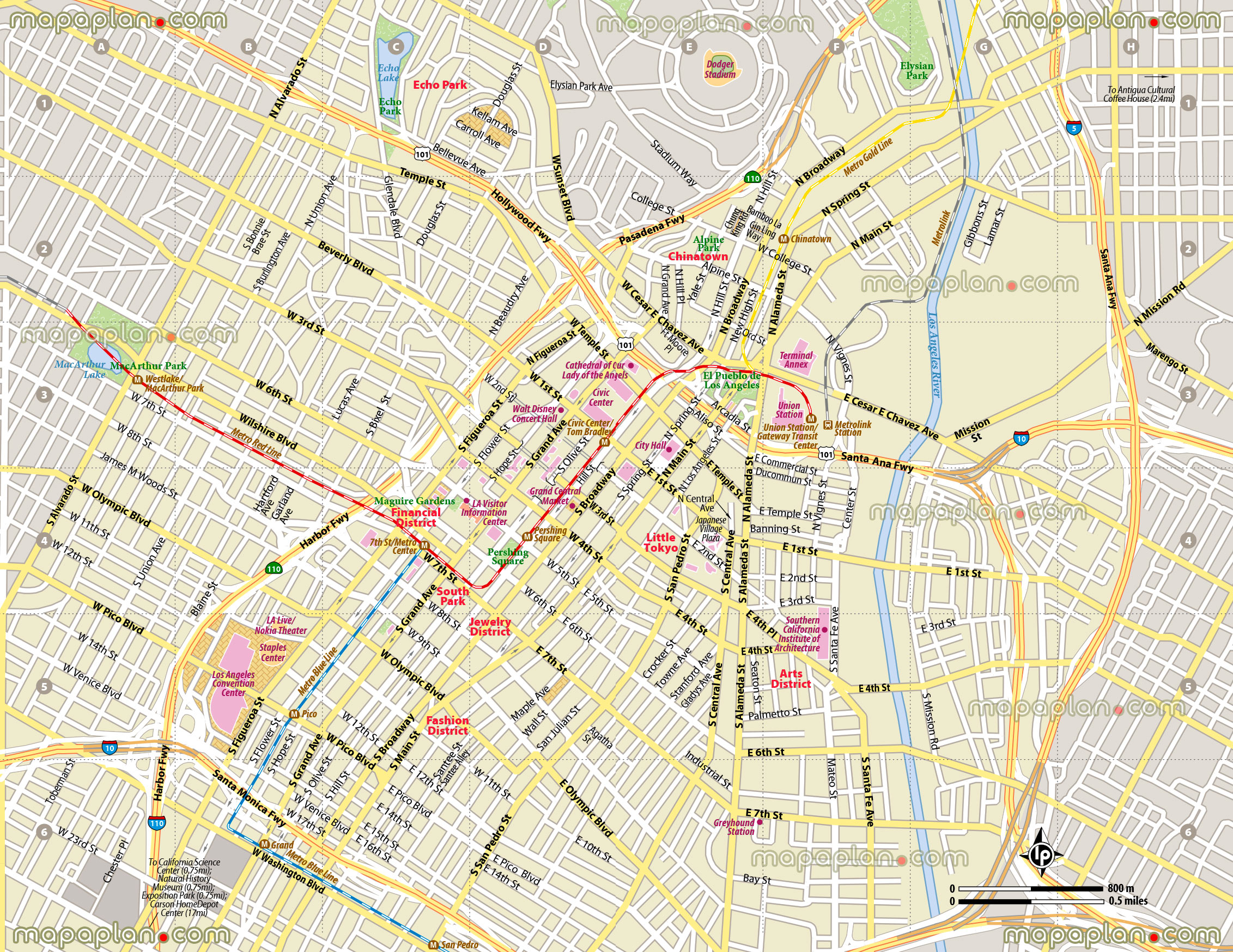 Los Angeles Map Downtown District Travel Guide Plan Showing