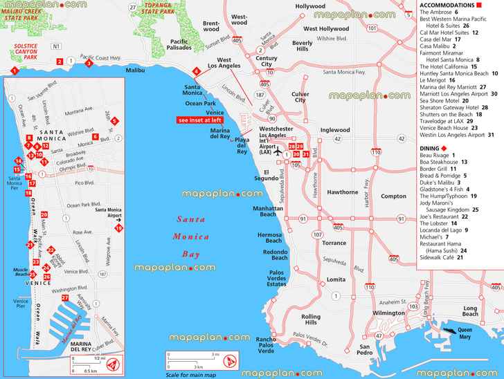 santa monica bay all iconic beaches location plan good value budget hotels motels cheap restaurants greater surrounding metropolitan area municipality zones malibu santa monica venice long ambrose cal mar casa merigot marriott sea shore sheraton shutters gateways Los Angeles top tourist attractions map