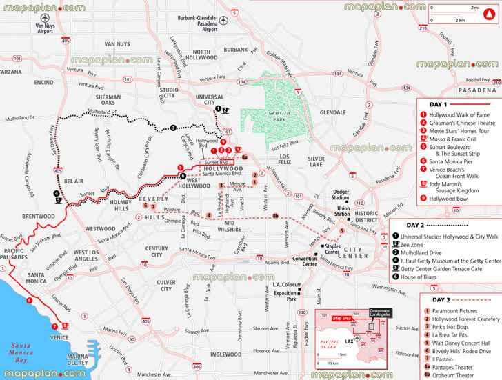 3 day trip itinerary planner funny easy walking places distances what see where go urban trail directions fun things do kids children family walk fame chinese theatre sunset blvd santa monica pier venice beach universal studios mulholland drive getty center tar pitss Los Angeles top tourist attractions map