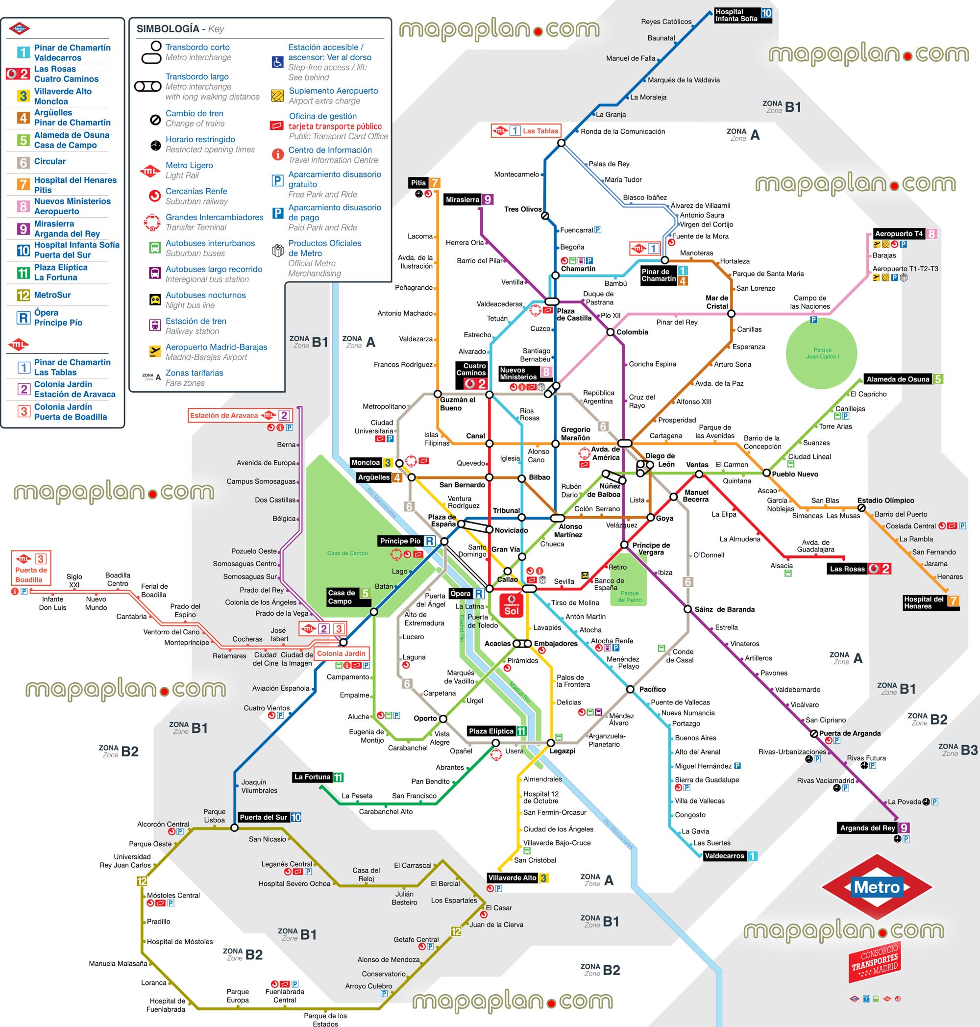 Madrid Map Map Of Metro Light Rail Network Red De Metro Metro Ligero Public Transportation In English Spanish Railway Stations Routes Stops Subway Tube Zones