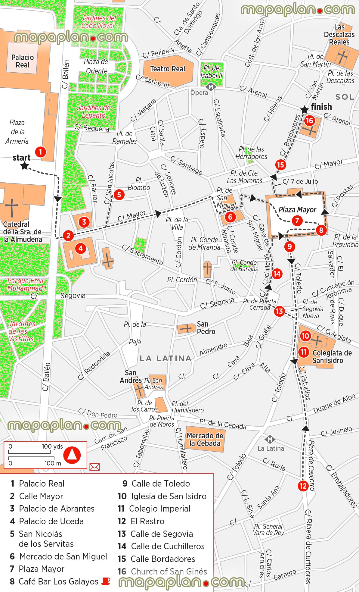 central Madrid main tourist attractions walking tour printable pop up key places visit churches theatres museumss Madrid Top tourist attractions map