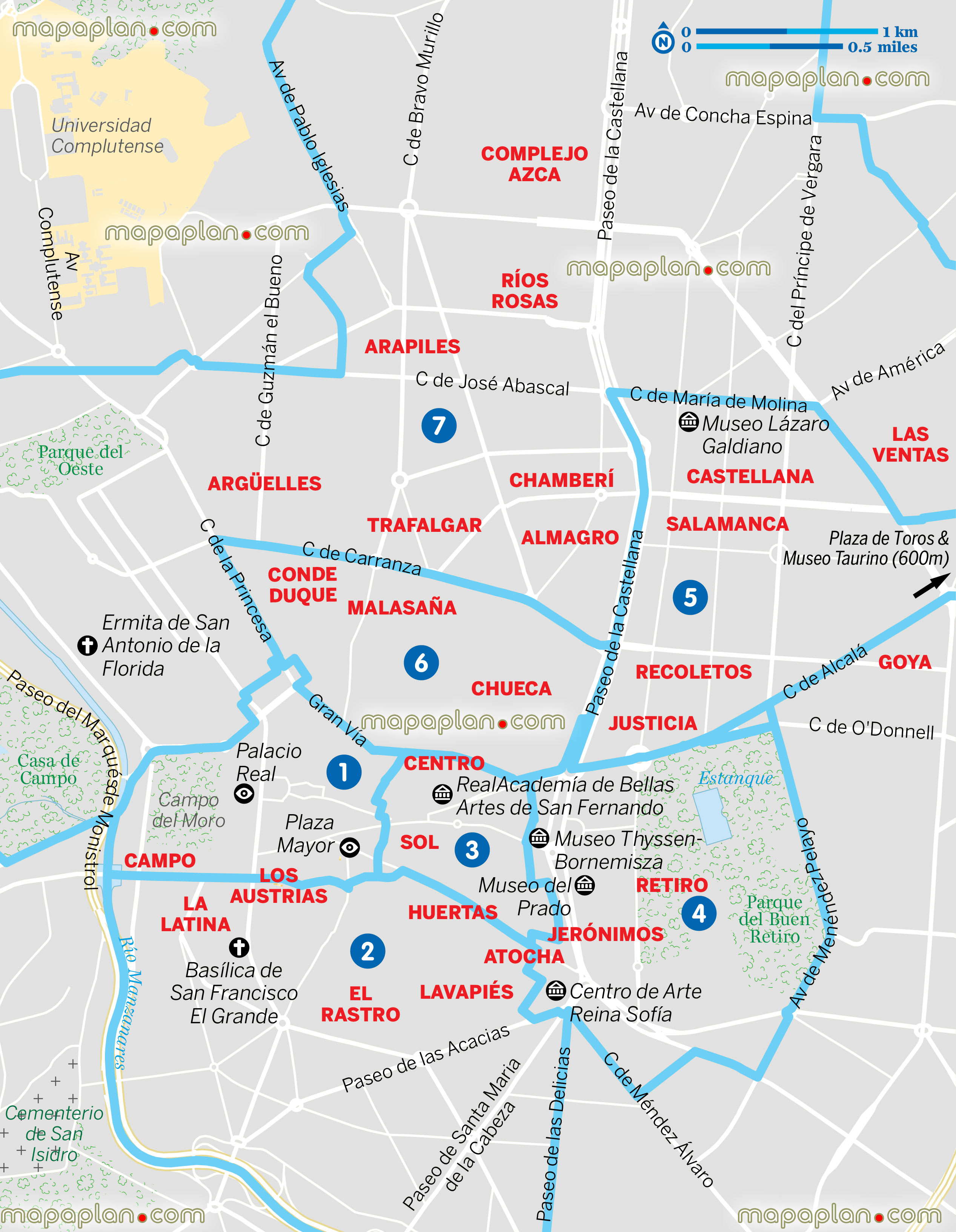 main neighbourhoods plans Madrid Top tourist attractions map