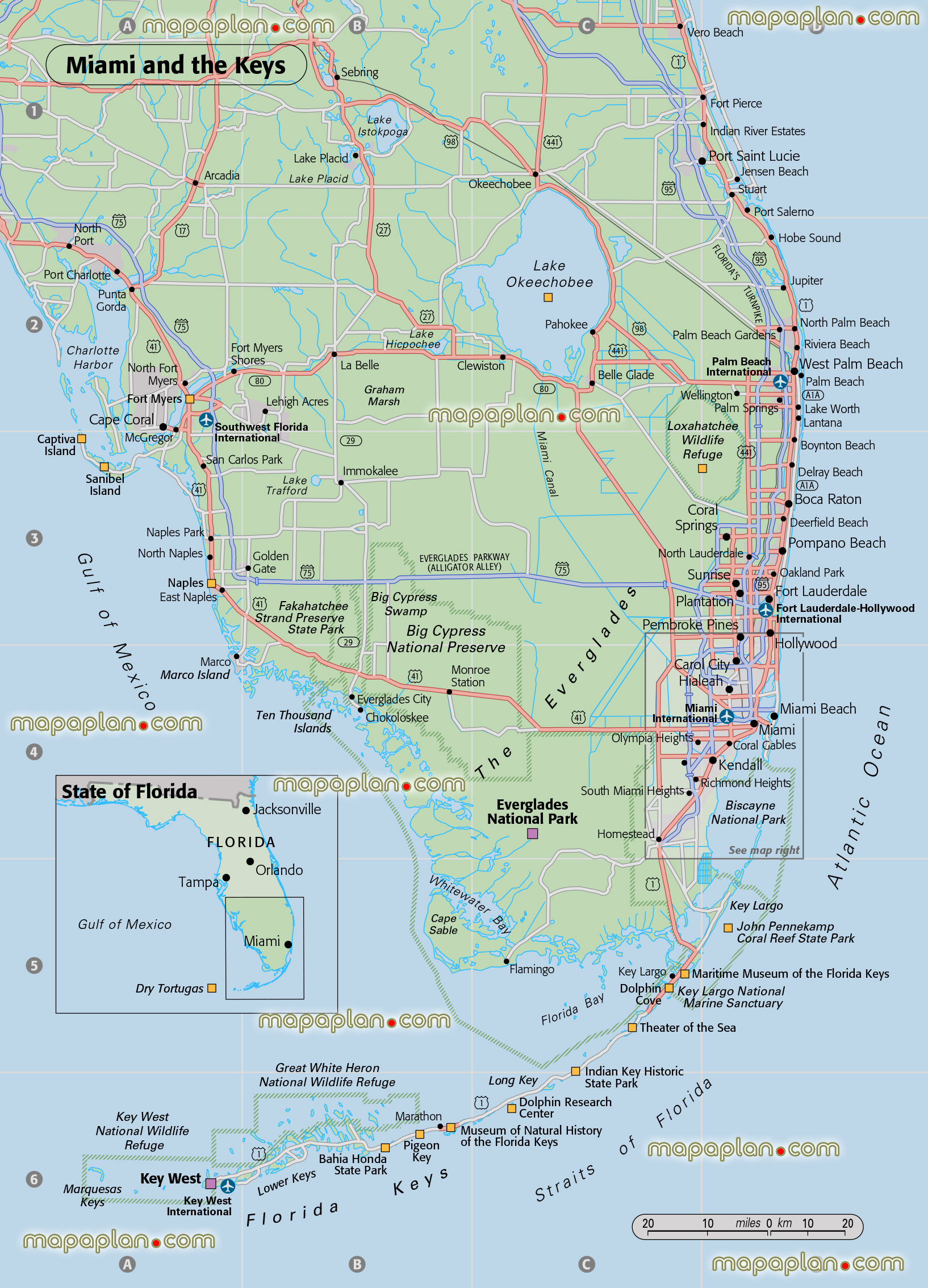 Miami florida state keys everglades gulf mexico atlantic ocean free download print trip travel guide locations major attractions great historic spots best must see sights detailed view orientation navigation directions