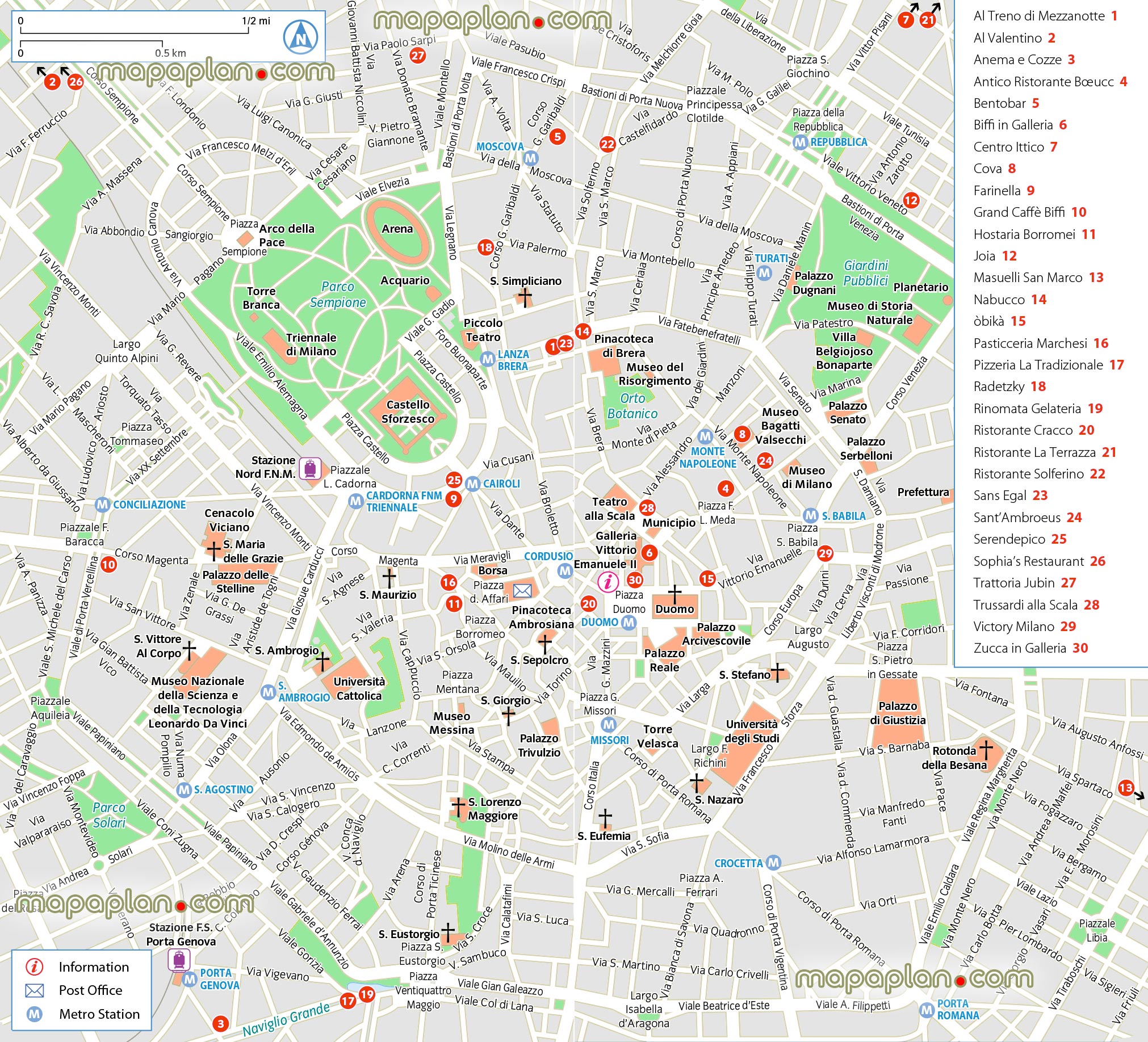 Milan best restaurants dining central district area outline layout best locations visits Milan Top tourist attractions map